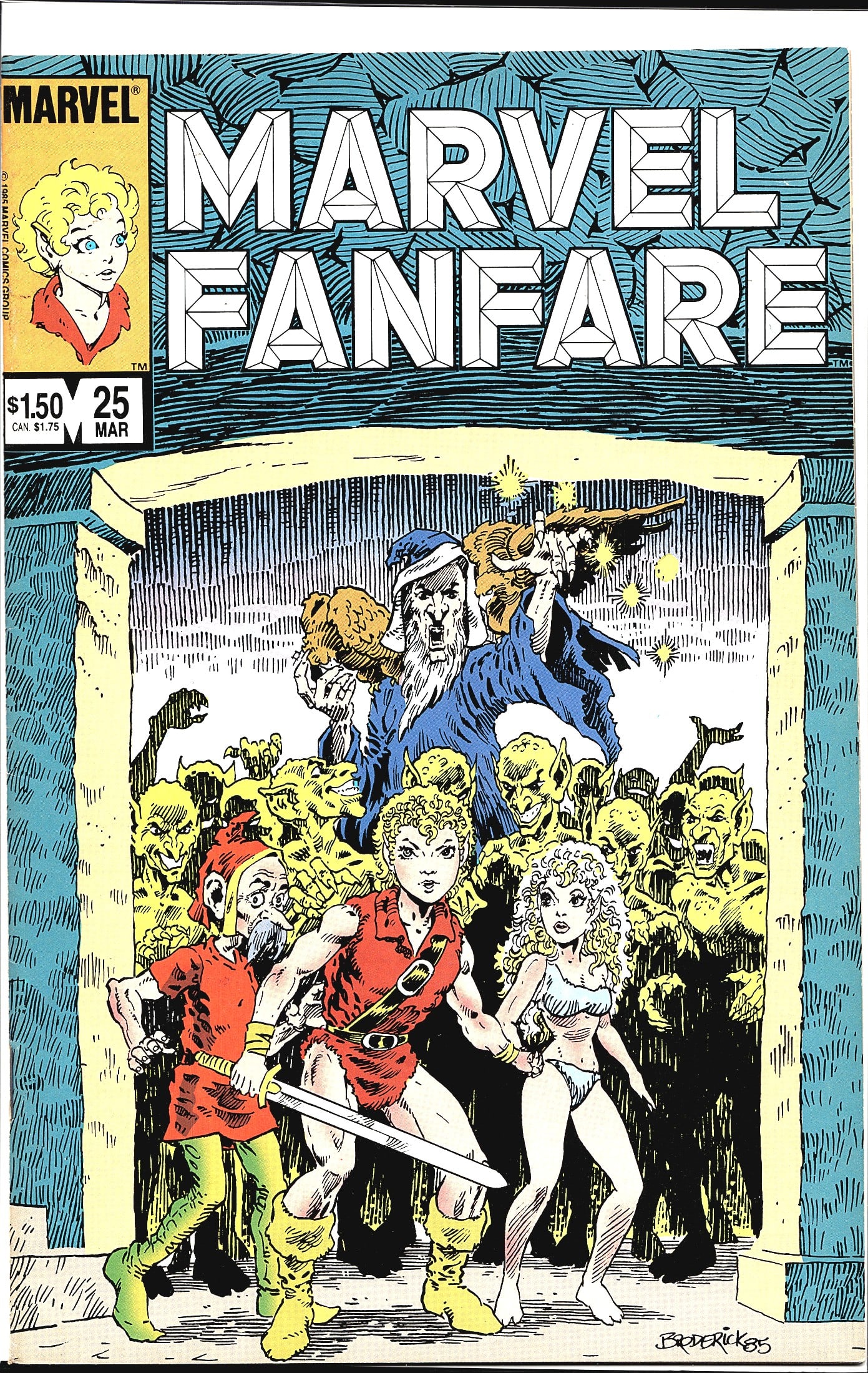 1986 Marvel Fanfare #25 Comic Marvel Classic: Marvel Fanfare #25, published by Marvel Comics, cover-dated March 1986, priced at $1.50 ($1.75 Canadian). The cover art, signed by Broderick '85, depicts a fantasy scene featuring a sword-wielding her