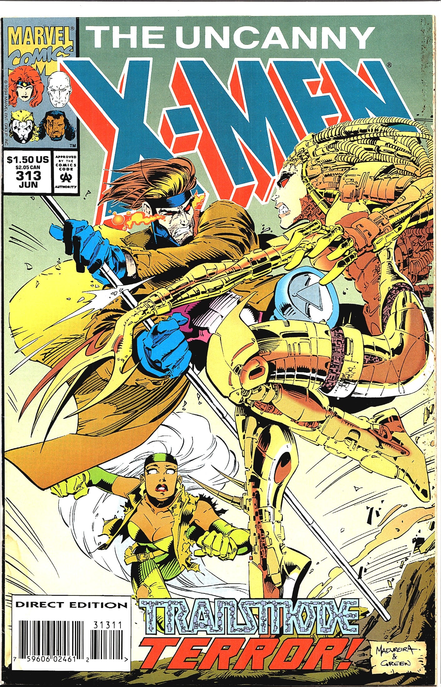 Uncanny X-Men #313 Marvel Comics Jun 1994 Gambit: This is The Uncanny X-Men #313, published by Marvel Comics, cover dated June 1994. The issue is a Direct Edition, priced at $1.50 US / $2.05 CAN, and carries the Comics Code Authority stamp of