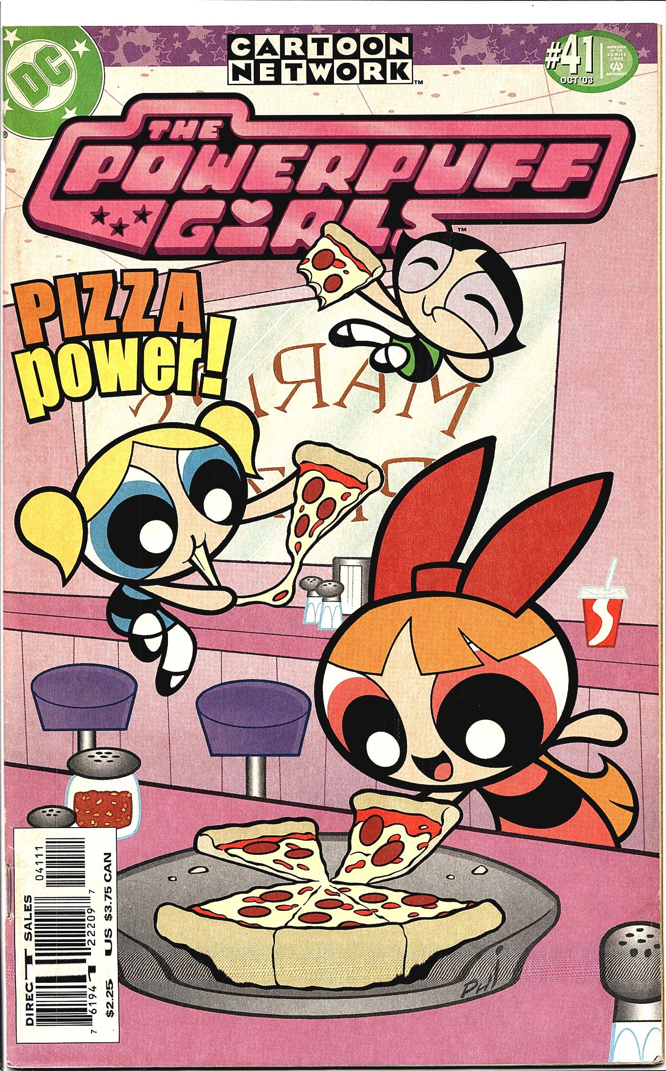 The Powerpuff Girls #41 DC Comics Cartoon: The Powerpuff Girls #41, published by DC Comics under the Cartoon Network imprint, cover-dated October 2003. This issue features the story titled 'Pizza Power!' on the cover, depicting Blossom,