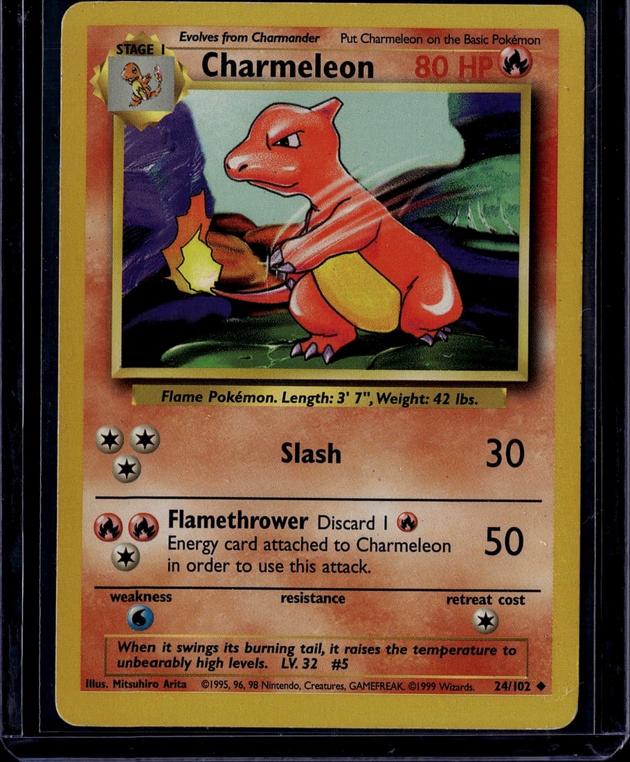 Charmeleon 24/102 Base Set Pokemon Card 1999: This is an original 1999 Charmeleon Pokemon card from the Base Set, published by Wizards of the Coast. Card #24/102 features the iconic red Flame Pokemon at Stage 1 evolution status, with 80 HP and a