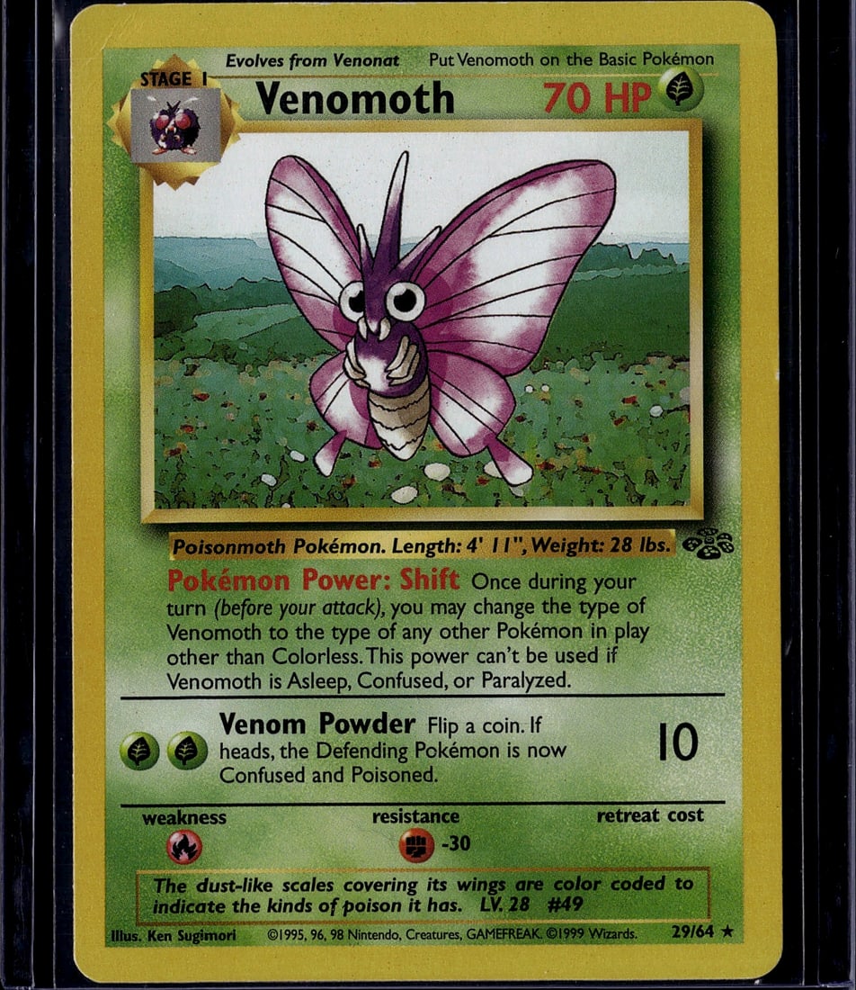 Venomoth Base Set Pokemon Card #49/102 Stage 1: This is an original 1999 Venomoth Pokemon Trading Card from the iconic Base Set, featuring card number 49 out of 102. The card depicts the Stage 1 Poison Moth Pokemon with its characteristic purple an