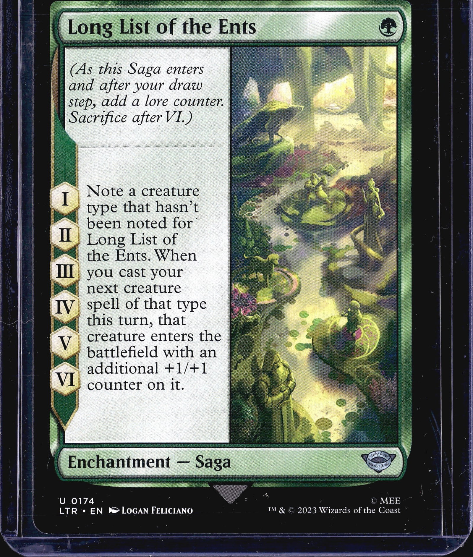 2023 Wizards of the Coast Lord of the Rings: This is the 2023 Magic: The Gathering card Long List of the Ents from the Lord of the Rings: Tales of Middle-earth (LTR) set, card number U 0174. It is an Uncommon Enchantment - Saga illustrated by