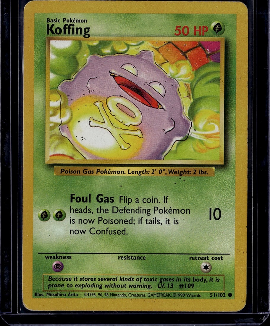 Koffing Base Set 51/102 Pokemon Card 1999 - Raw: This is an original 1999 Pokemon Trading Card Game Base Set Koffing card (51/102), featuring the iconic Poison Gas Pokemon in ungraded raw condition. The card displays Koffing, a Basic Poison