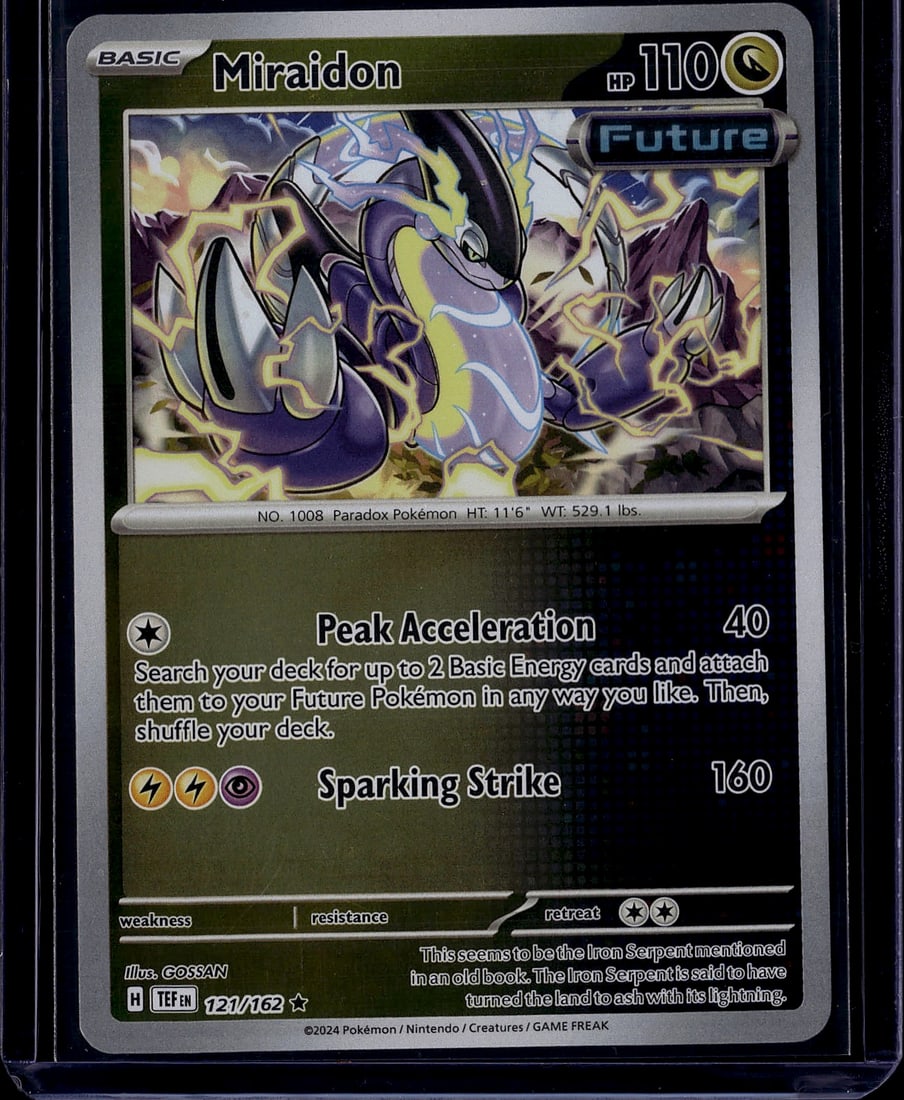 Miraidon 121/162 Scarlet & Violet Future Pokemon: This is a Miraidon Basic Pokemon card from the Scarlet & Violet set, card number 121/162. Miraidon is a legendary Paradox Pokemon with 110 HP, featuring the Future designation. The card showcases vibr