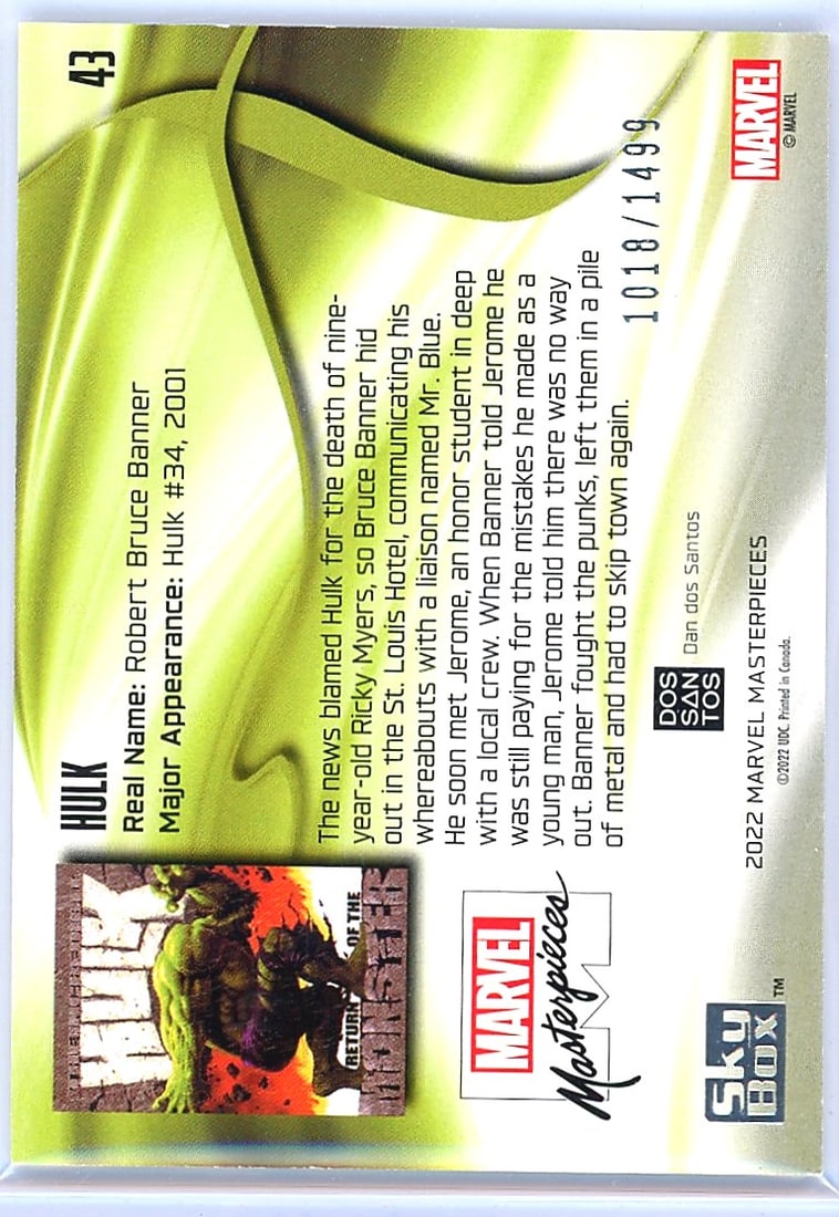 2022 Marvel Masterpieces Hulk #43 Upper Deck - 2