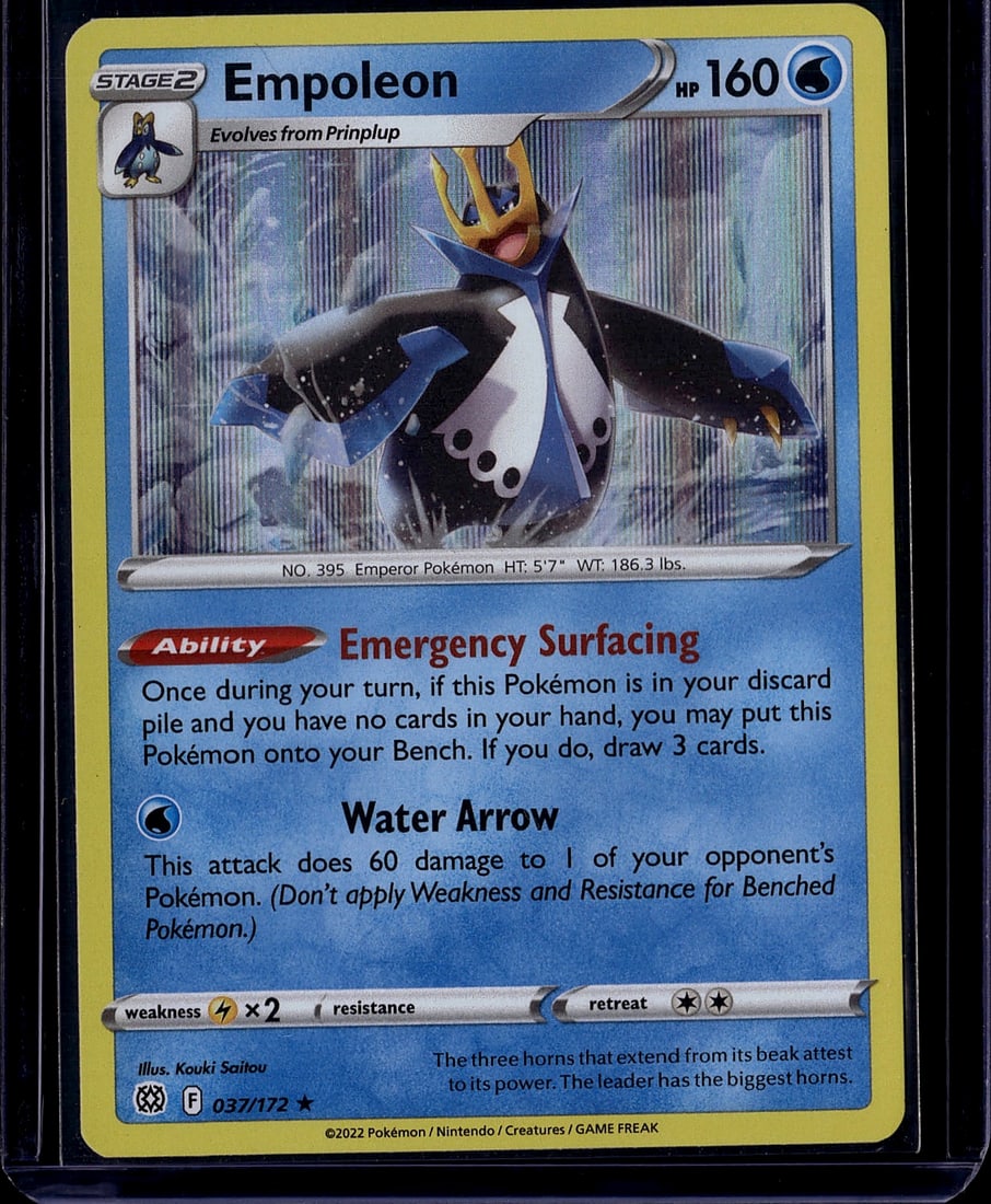 2022 Pokemon Sword Shield Brilliant Stars: Empoleon 037/172 is a Holo Rare Stage 2 Water-type Pokemon card from the Sword & Shield: Brilliant Stars set (SWSH09), released February 25, 2022. The set contains 172 cards before secret rares.