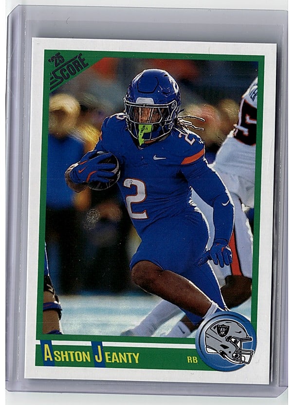 2025 Panini Score Anniversary Rookies #1 Ashton: This is a raw 2024 Score Ashton Jeanty #2 rookie football card featuring the running back in his college uniform. The card showcases Jeanty in dynamic action with excellent centering and vivid color s