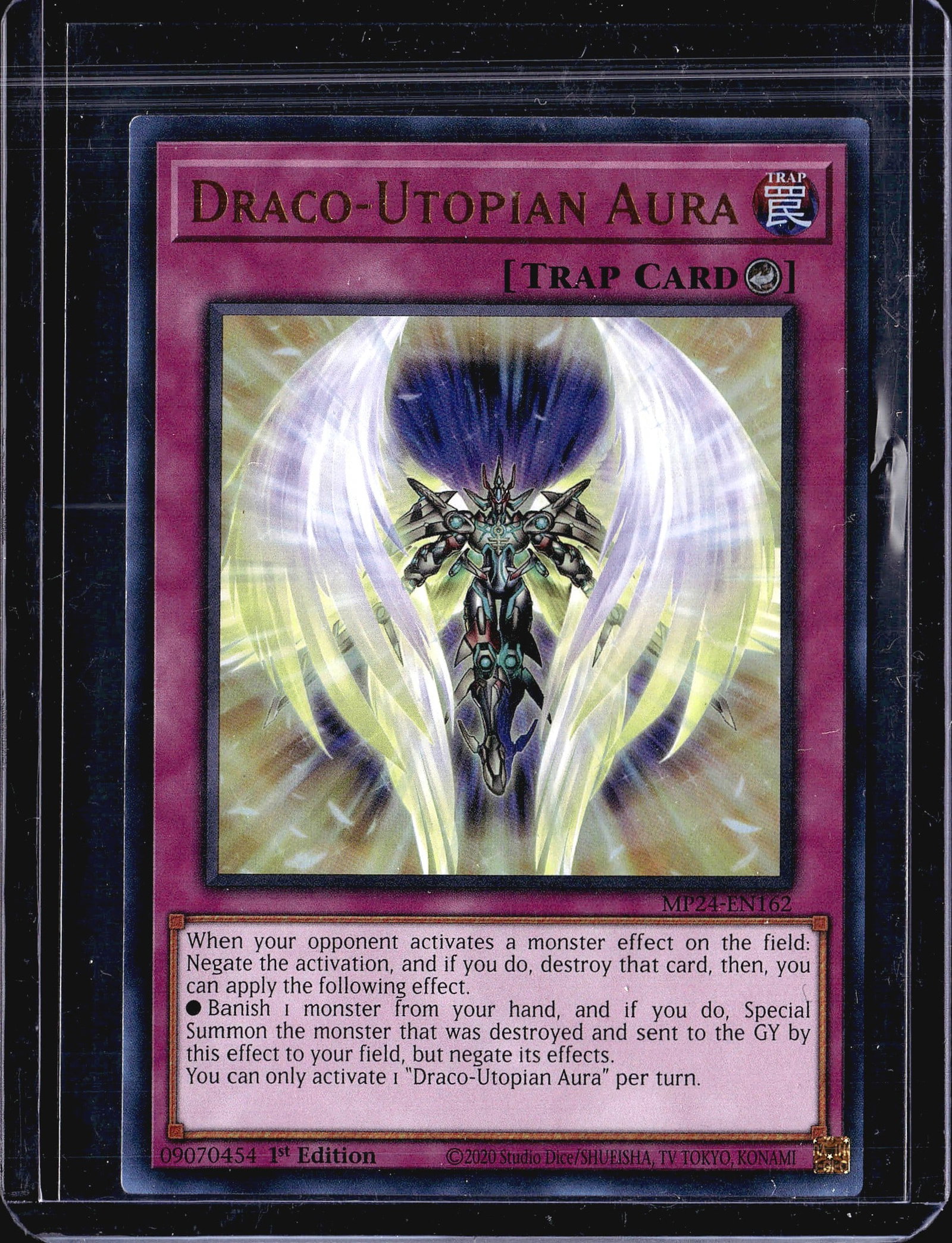 2020 Konami MP24 MP24-EN162 Draco-Utopian Aura: This listing features Draco-Utopian Aura (MP24-EN162), a Trap Card from the 2020 Yu-Gi-Oh! TCG release, printed in its 1st Edition variant. The card is a Counter Trap that negates an opponent's