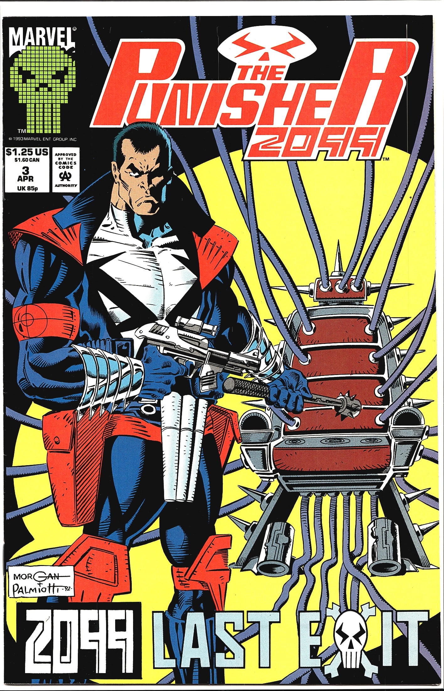 1993 Marvel Punisher 2099 #3 Comic Book: Punisher 2099 #3, published by Marvel Comics in April 1993 as part of the Marvel 2099 imprint. This issue is titled '2099 Last Exit' and features cover art by Morgan and Palmiotti (signed on the