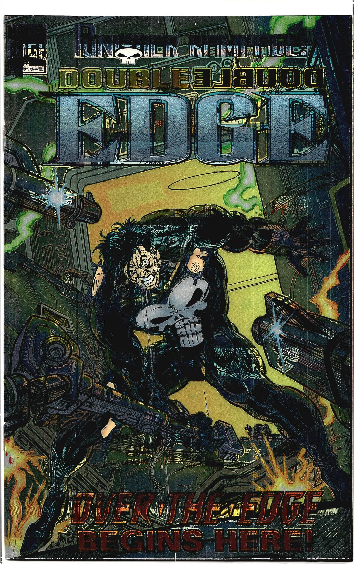 1995 Marvel Double Edge Punisher Alpha #1: This is a Marvel Comics issue featuring the Punisher, titled 'Punisher Kamikaze: Double Edge.' The cover prominently displays the bold metallic logo 'Double Edge' with a foil or chrome-style finish, a