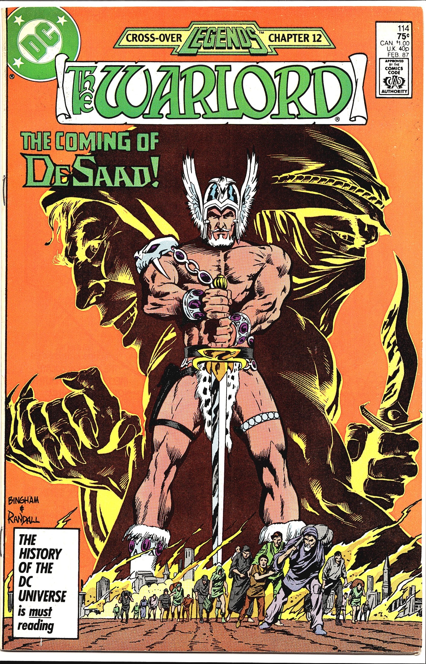 The Warlord #114 DC Comics 1987 Legends Chapter: The Warlord #114, published by DC Comics in February 1987, priced at $0.75 (CAN $1.00 / U.K. 40p). This issue is part of the Legends crossover event, specifically Chapter 12, titled 'The Coming of DeS