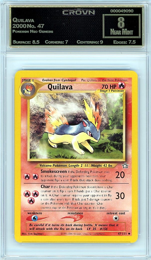 2000 Quilava Pokemon Neo Genesis #47 Crown 8.00: Secure this 2000 Quilava Pokemon Neo Genesis Crown Grade 8.00 card, a highly sought collectible from one of the most iconic sets in Pokemon trading card history. The Neo Genesis set remains a cornerst
