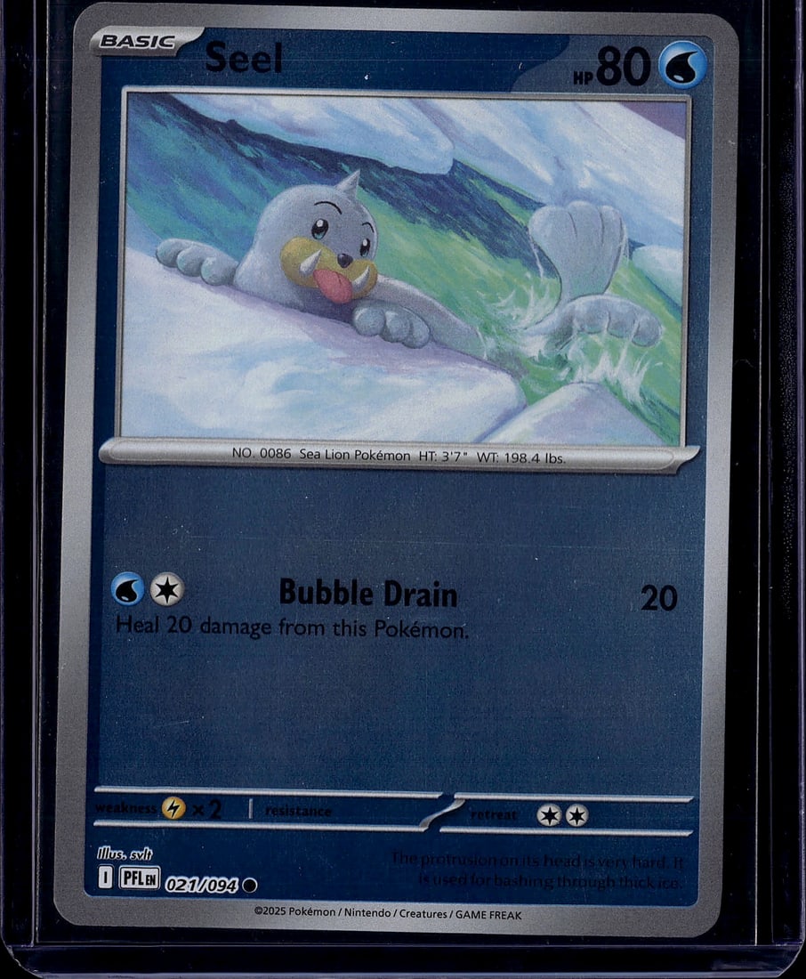 2025 Pokemon Seel Basic Card 0251/0093 - Bubble: This is a 2025 Pokemon Trading Card Game card featuring Seel, the sea lion Pokemon (No. 0086). The card is a Basic Water-type Pokemon with 80 HP, showcasing beautiful artwork of Seel playing in snowy 