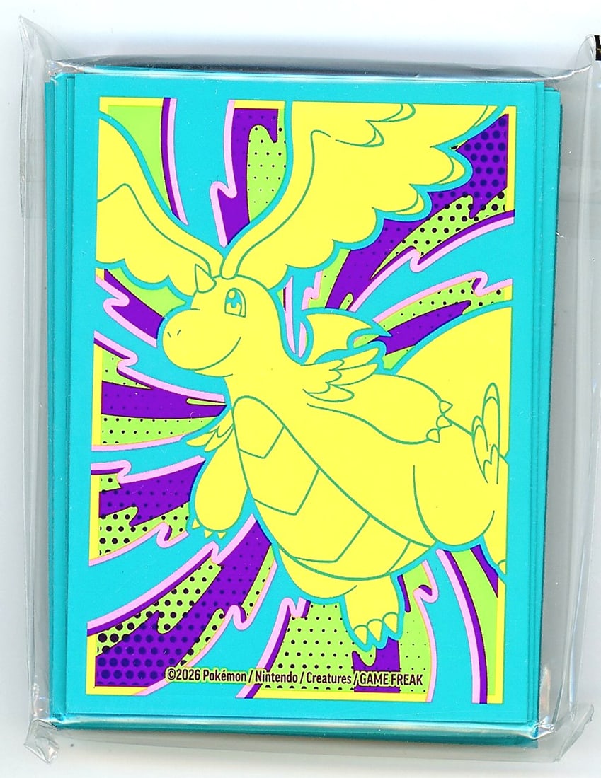 Pokemon 2026 Ascended Heroes Dragonite ETB: This listing features a sealed pack of official Pokemon ETB (Elite Trainer Box) promotional card sleeves, copyright dated 2026 by Pokemon/Nintendo/Creatures/GAME FREAK. The sleeves display a bold, pop