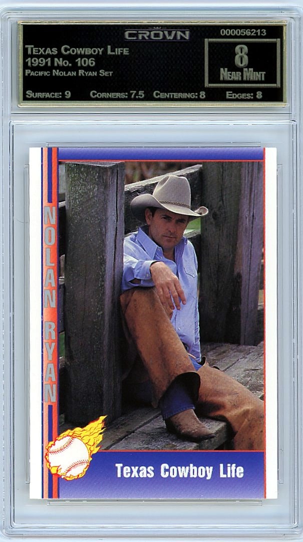 1991 Pacific Nolan Ryan Set Texas Cowboy Life: This is a 1991 Pacific Nolan Ryan Set trading card featuring Texas Cowboy Life, card number 106. It's a classic piece from the Pacific Nolan Ryan Set, a sought-after release that captures a legendary