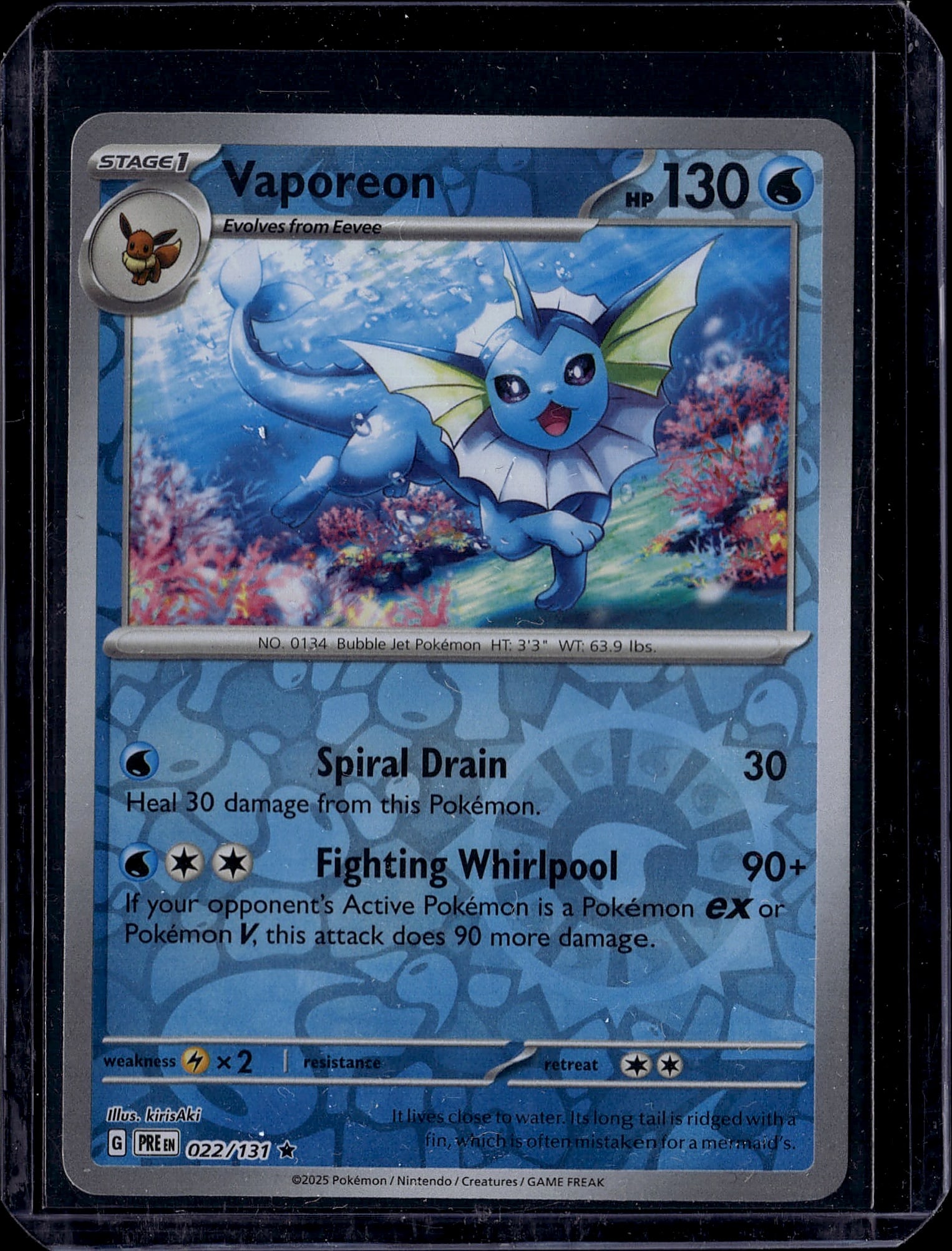 Vaporeon 022/181 Pokemon Scarlet Violet Stage 1: This is a raw Vaporeon Stage 1 Pokemon single card from the Scarlet & Violet set, card number 022/181. Vaporeon is the Bubble Jet Pokemon evolution of Eevee, featuring stunning artwork depicting the