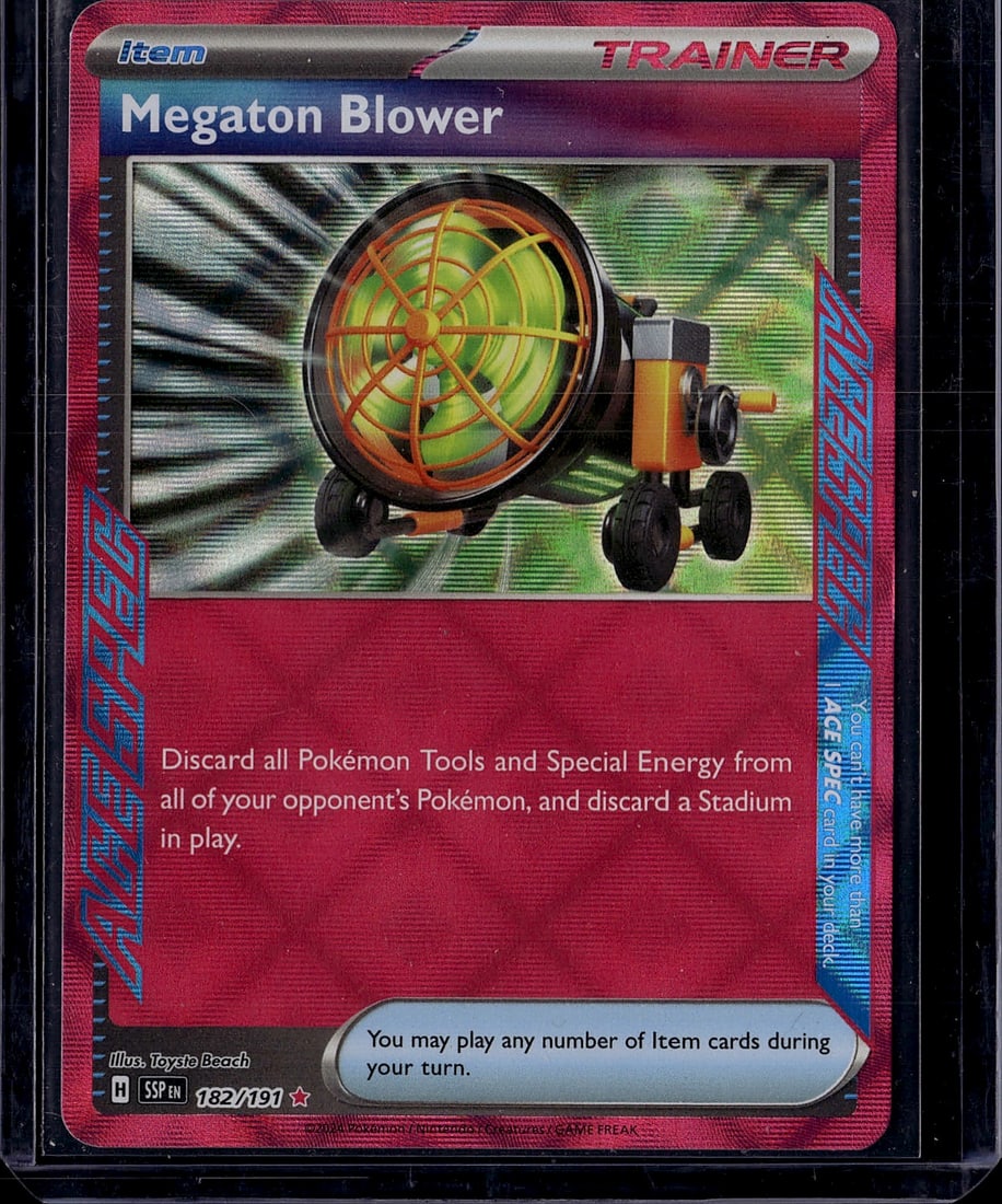 Megaton Blower Trainer Pokemon Card 182/191: This is a raw Megaton Blower Trainer card from the Pokemon Scarlet & Violet set, card number 182/191. The card features the iconic megaton blower equipment depicted as an orange and yellow mechanical
