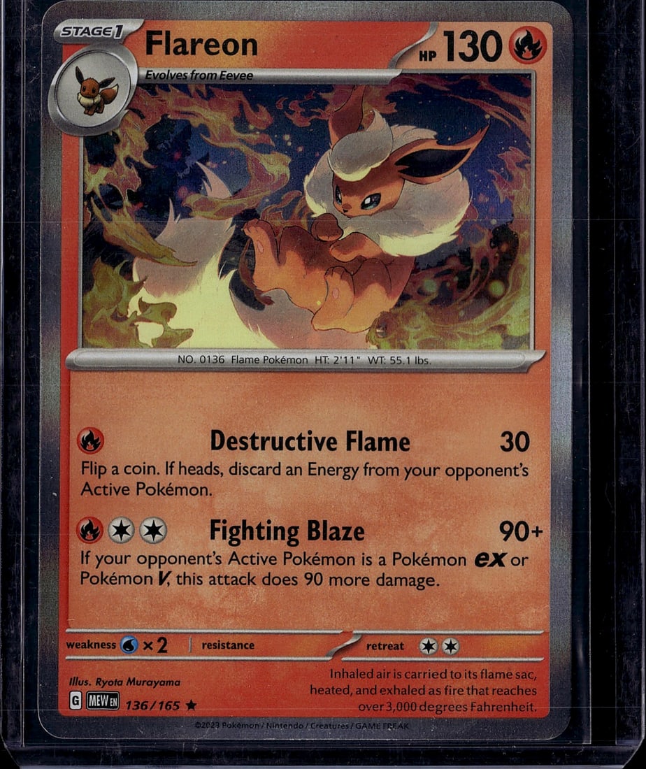 Flareon 136/165 Scarlet Violet Stage 1 Pokemon: This is a raw Flareon Stage 1 Pokemon card from the Scarlet & Violet set, card number 136/165. Flareon is a Flame Pokemon that evolves from Eevee and features 130 HP. The card showcases vibrant