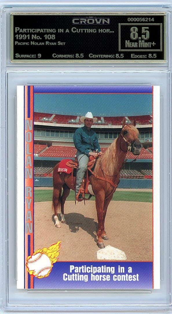 1991 Pacific Nolan Ryan Set #108 Crown 8.5: This is a 1991 Pacific Nolan Ryan Set card #108, professionally graded and encased by Crown. The card features the iconic pitcher from the Pacific Nolan Ryan Set, one of the most sought-after