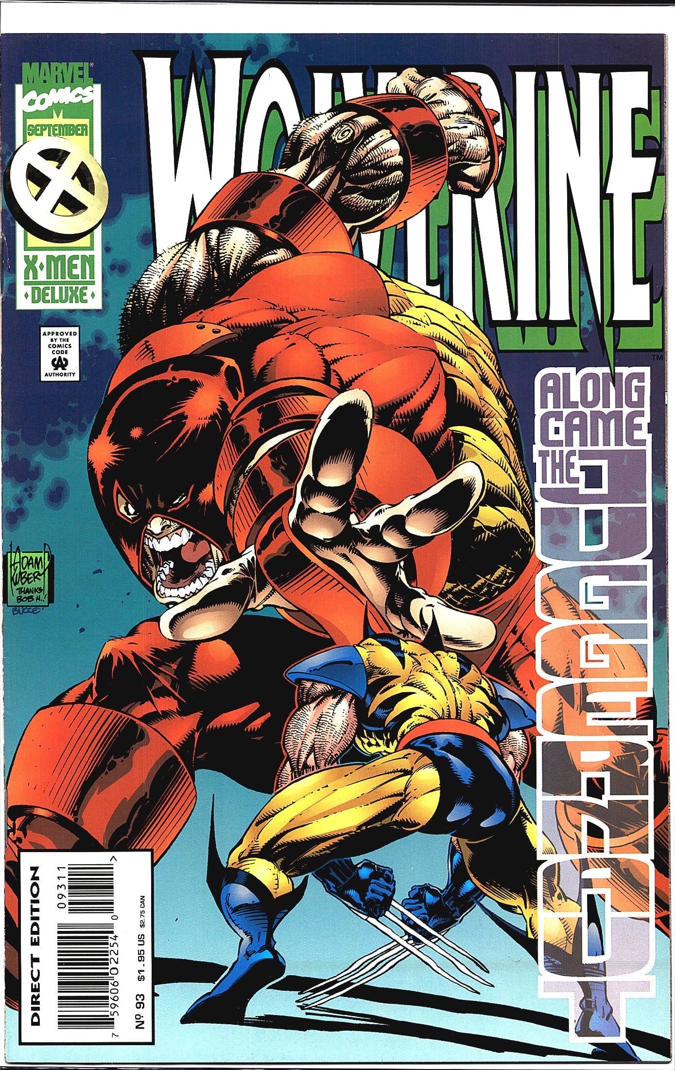 1995 Marvel Wolverine #93 Newsstand Variant: Wolverine #93 from Marvel Comics, published September 1995 as part of the X-Men Deluxe line. This direct edition issue features the story arc titled 'Along Came the Spider,' showcasing a dramatic cove