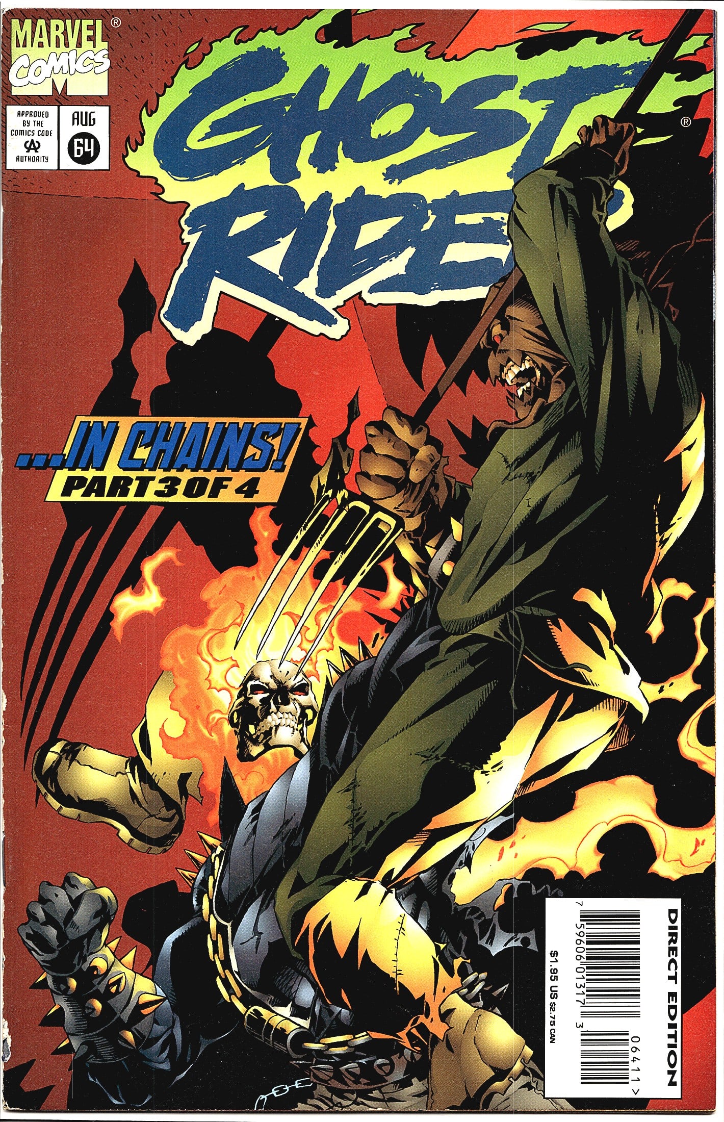 Ghost Rider #64 Marvel Comics Aug 1995 In Chains: Ghost Rider #64 from Marvel Comics, published August 1995, is part three of the four-part 'In Chains' story arc. The cover features a dramatic confrontation between Ghost Rider and a cloaked