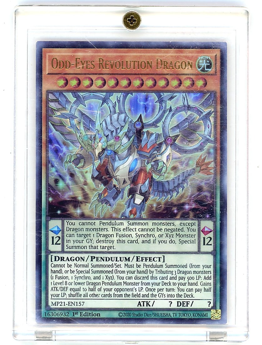 Odd-Eyes Revolution Dragon MP21-EN157 2020: This is an Odd-Eyes Revolution Dragon card from the 2020 Yu-Gi-Oh Trading Card Game, card number MP21-EN157 from the 2021 Mega-Tins Mega Pack set by Konami. The card is offered in raw condition withou