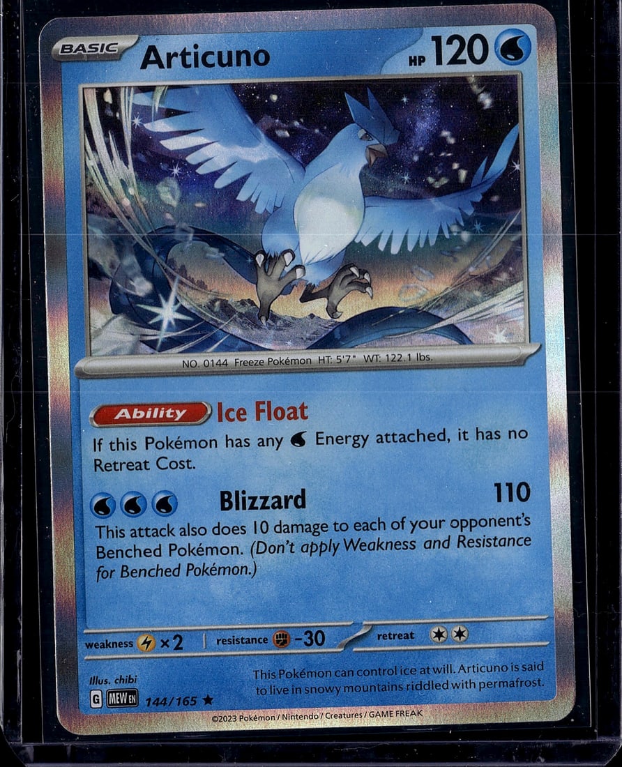 Articuno 144/165 Scarlet & Violet Pokemon Card: This is a raw Articuno Pokemon card from the Scarlet & Violet set (card #144/165), featuring the classic Freeze-type legendary bird. The card displays Articuno's Ice Float ability, which removes
