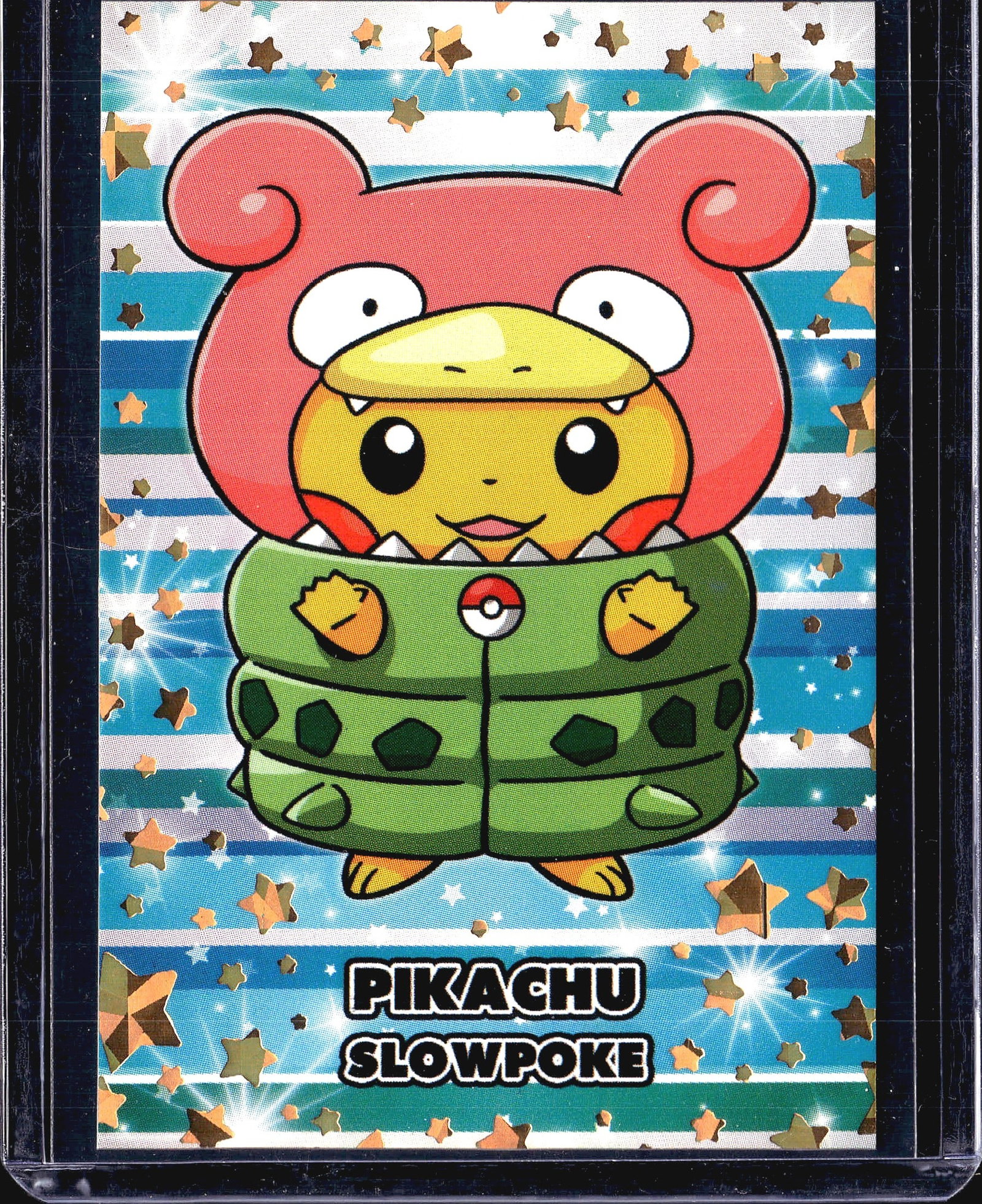 1-Card Lot Modern Pokemon Slowpoke Pikachu: This is a single Pokemon trading card featuring a custom artistic mashup design. The card displays Pikachu and Slowpoke depicted in a stylized, fan-art composition against a blue and white striped