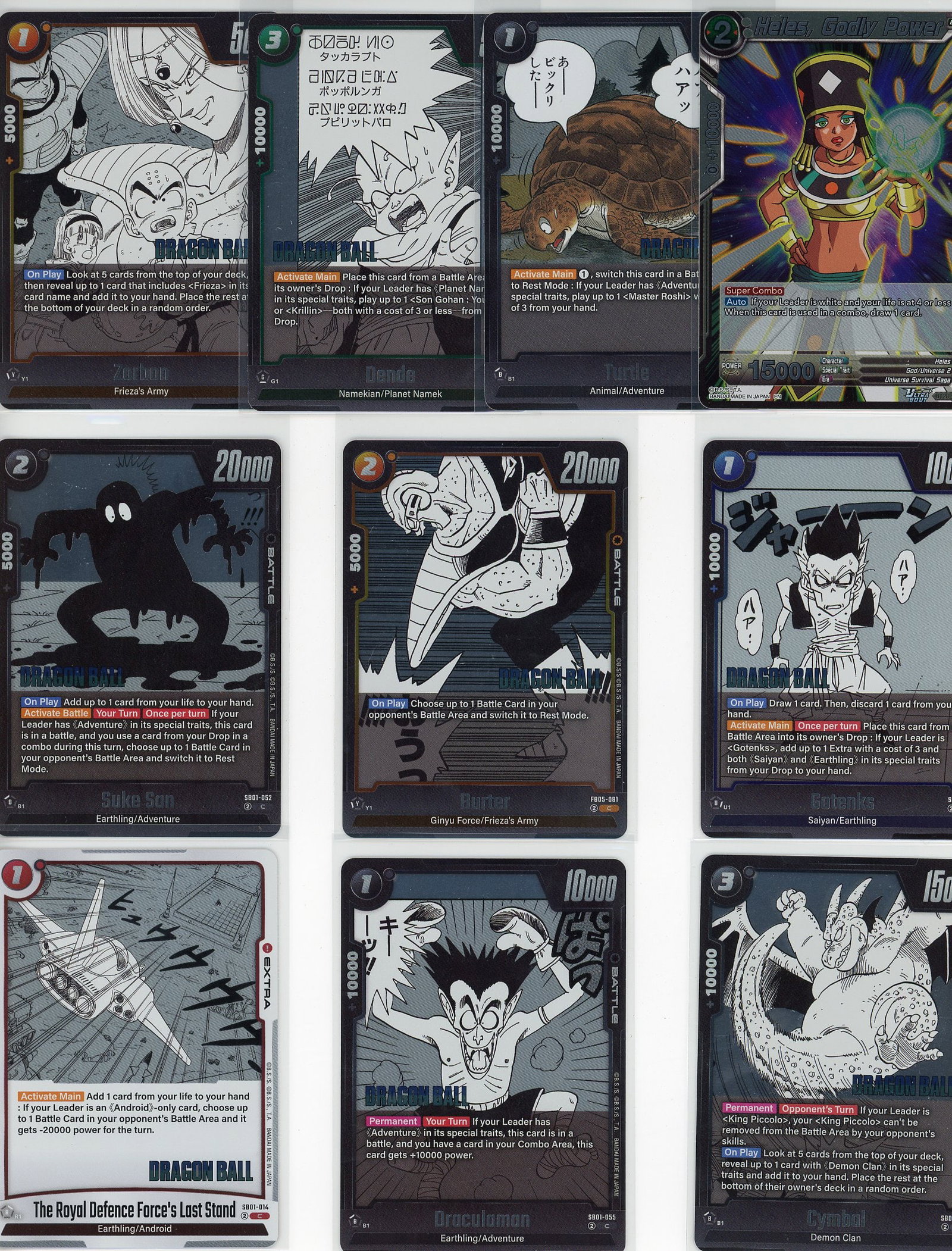 Lot of 10 Dragon Ball Z Foil Cards - Bandai TCG: This lot includes 10 Dragon Ball Z foil cards from the Bandai trading card game. The collection features iconic characters and moments from the Dragon Ball Z franchise, including cards from various