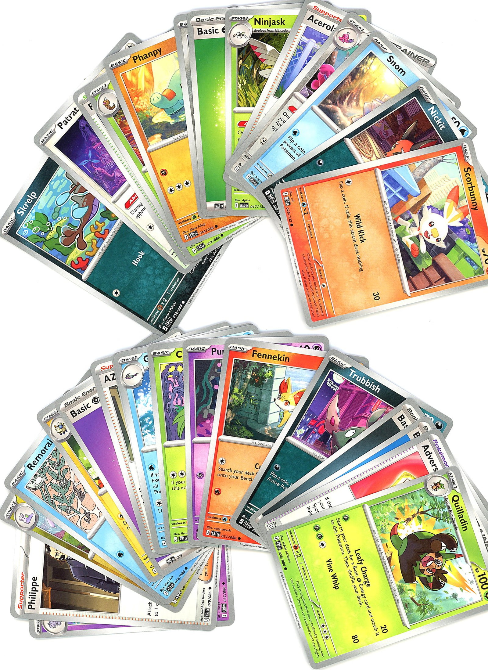 50+ Card Lot Modern Pokemon Trading Cards TCG: This lot contains approximately 50 modern Pokemon trading cards featuring non-holographic cards across multiple sets and eras. The photo shows a diverse collection of creature and Trainer cards with