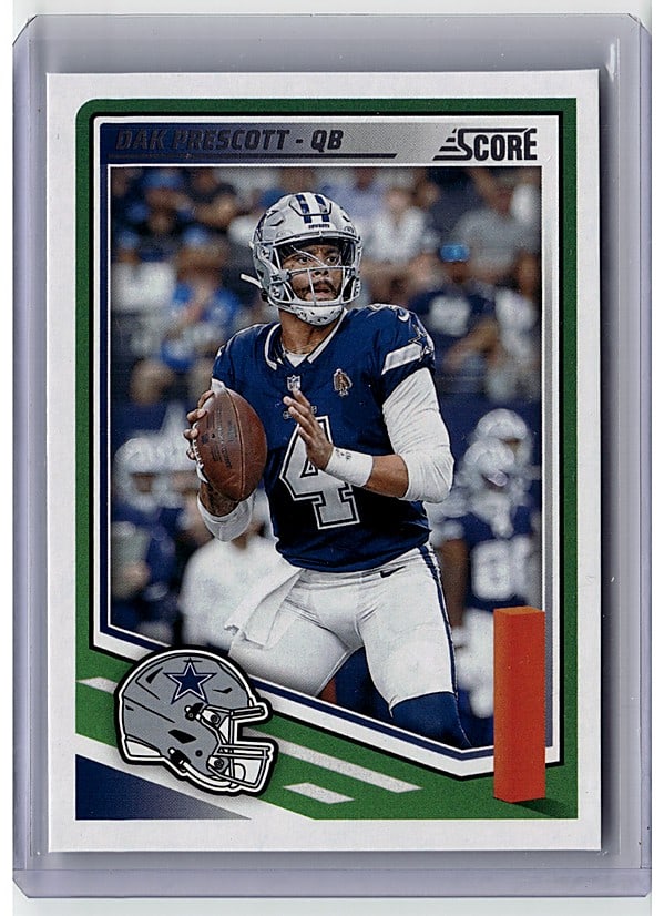 2025 Score #2 Dak Prescott Football Card Mint: This is a 2016 Score Dak Prescott #4 rookie card featuring the Dallas Cowboys quarterback in his NFL debut season. The card displays a sharp photo of Prescott in his Cowboys uniform, holding the