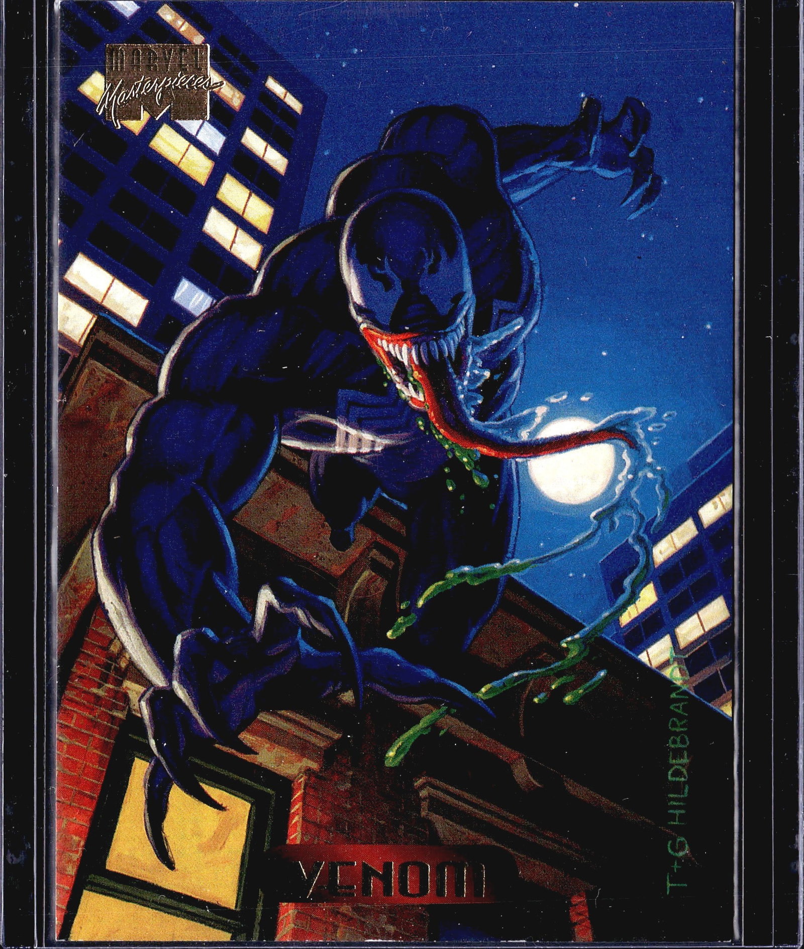 1994 Fleer Marvel Masterpieces Venom #131: This is card #131 from the 1994 Fleer Marvel Masterpieces trading card set, featuring the Marvel villain/anti-hero Venom. The front showcases a dramatic painted illustration by Greg and Tim