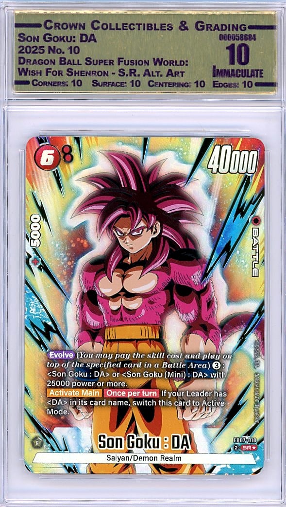 2025 Son Goku DA #10 Dragon Ball Super Fusion: This is a 2025 Son Goku: DA card #10 from the Dragon Ball Super Fusion World: Wish For Shenron - Super Rare Alt. Art set. It represents one of the most iconic characters in anime, captured in a