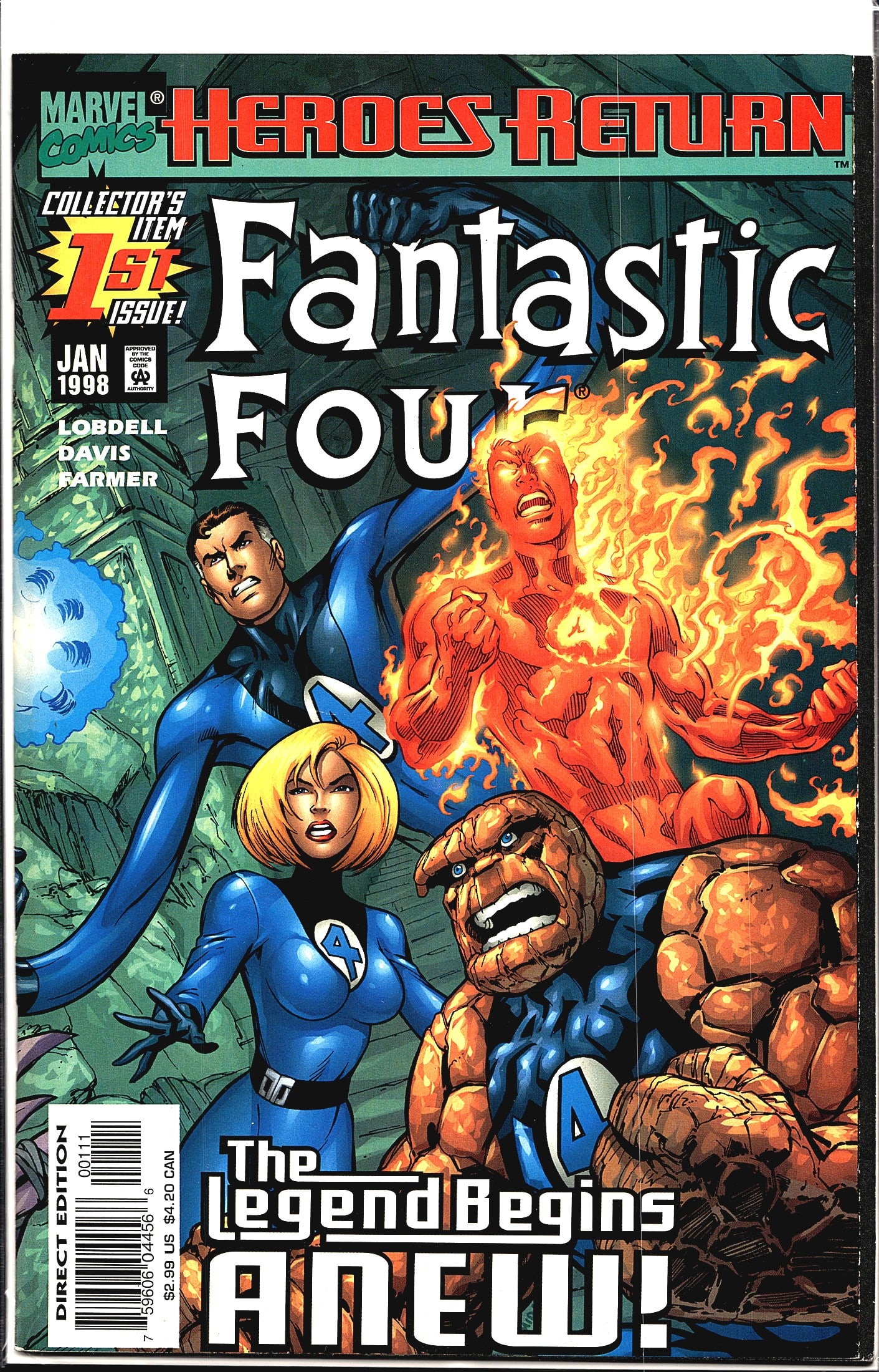 Fantastic Four #1 Jan 1998 Marvel Heroes Return: Fantastic Four #1 (January 1998) from Marvel Comics, part of the Heroes Return initiative. This is the collector's item first issue, written by Scott Lobdell with art by Alan Davis and inker Mark Farm
