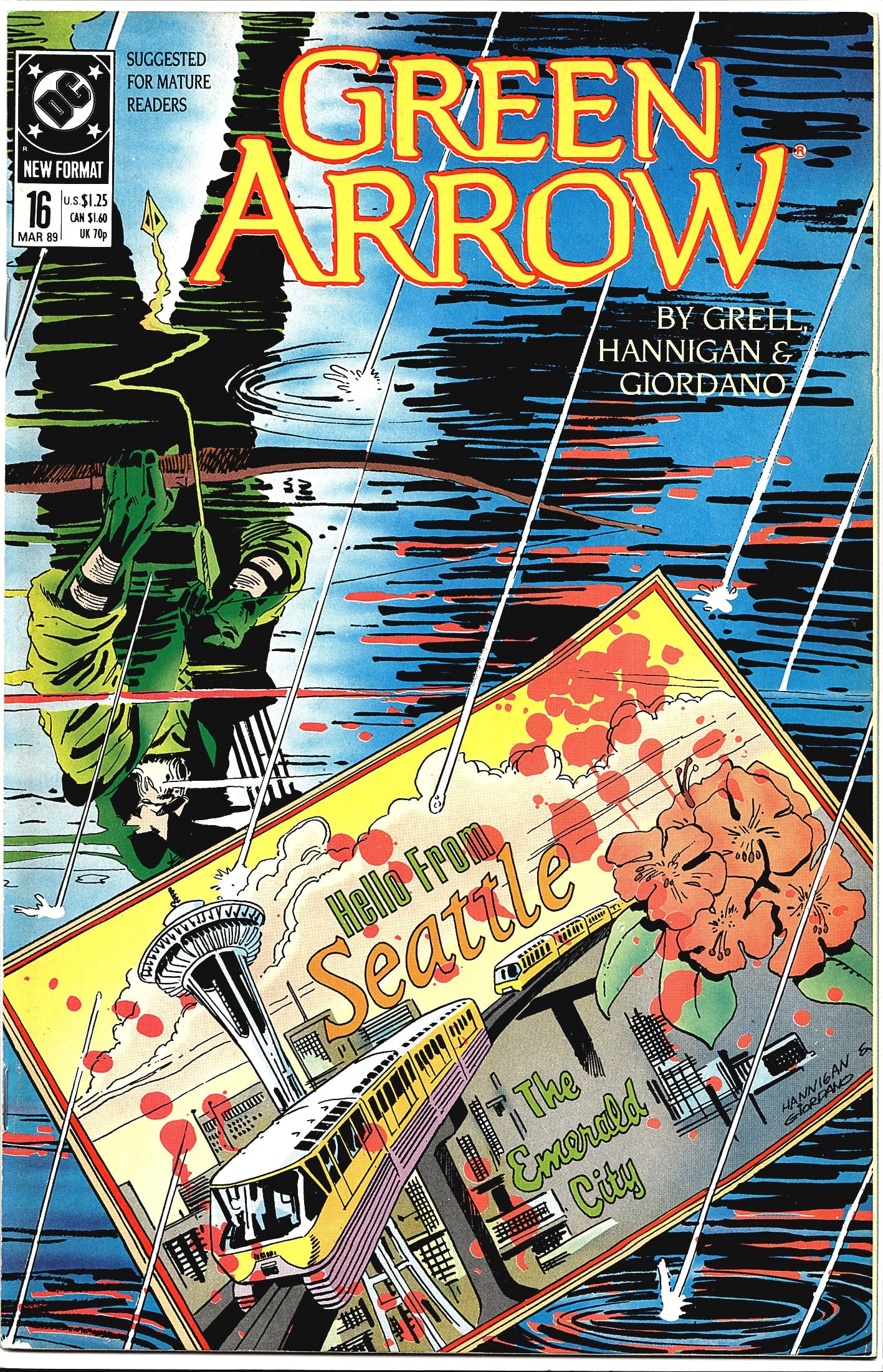 Green Arrow #16 DC Comics Mar 1989 Grell: Green Arrow #16 published by DC Comics, cover dated March 1989, priced at $1.25 US / $1.60 CAN / 70p UK. This issue is part of the acclaimed Mike Grell run, with interior credits to Grell, Hannigan, a