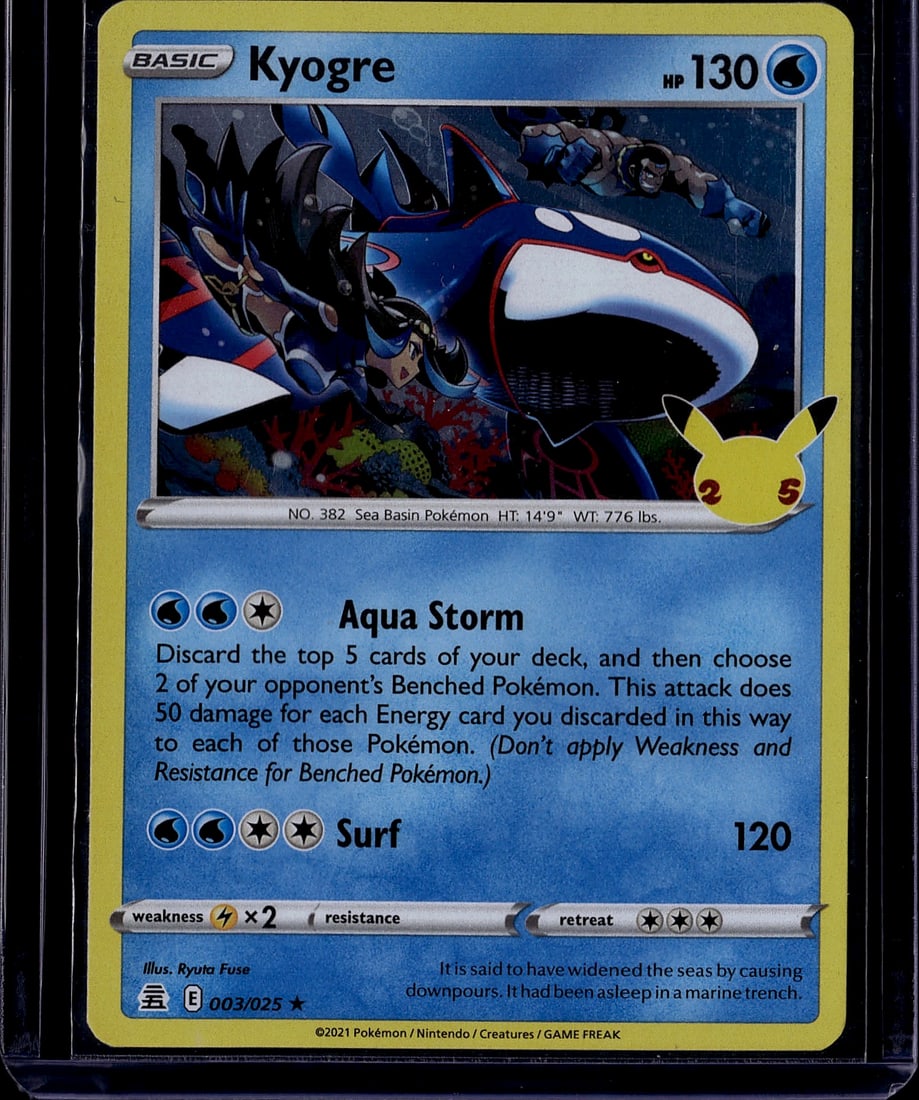 2021 Pokemon Evolving Skies Kyogre 003/025 Basic: This is a raw 2021 Pokemon Trading Card Game card featuring Kyogre from the Evolving Skies set. The card is numbered 003/025 and depicts the legendary Water-type Sea Basin Pokemon in stunning detail.