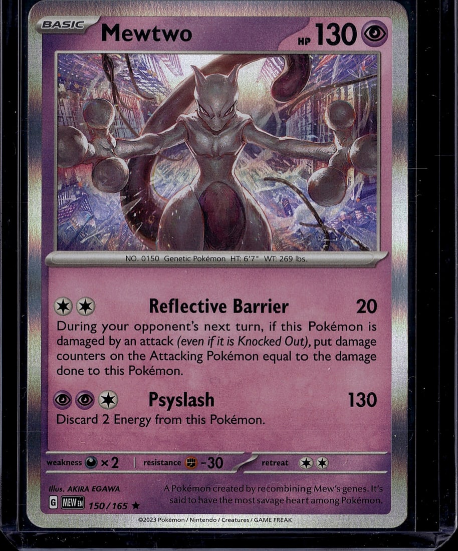 Mewtwo 150/165 Scarlet & Violet Pokemon Card: This is a raw Mewtwo Pokemon card from the Scarlet & Violet set, card number 150/165. The card features stunning artwork by Akira Egawa depicting the legendary Genetic Pokemon in its iconic psychic