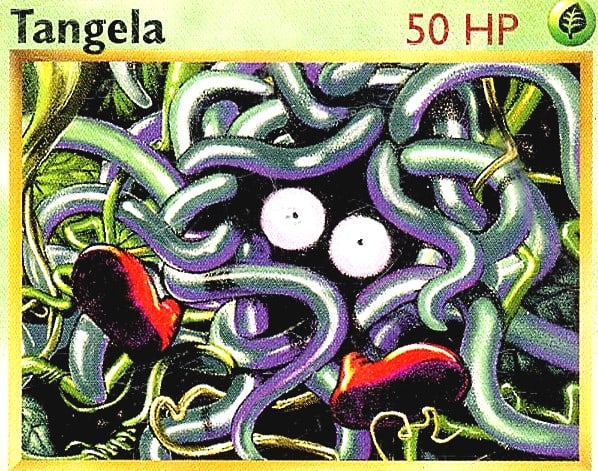 1999 Pokemon Base Set Tangela Card #66: This listing features a Tangela card from the original 1999 Pokemon Base Set published by Wizards of the Coast. The card displays Tangela's iconic tangle of blue and purple vines with two small white 