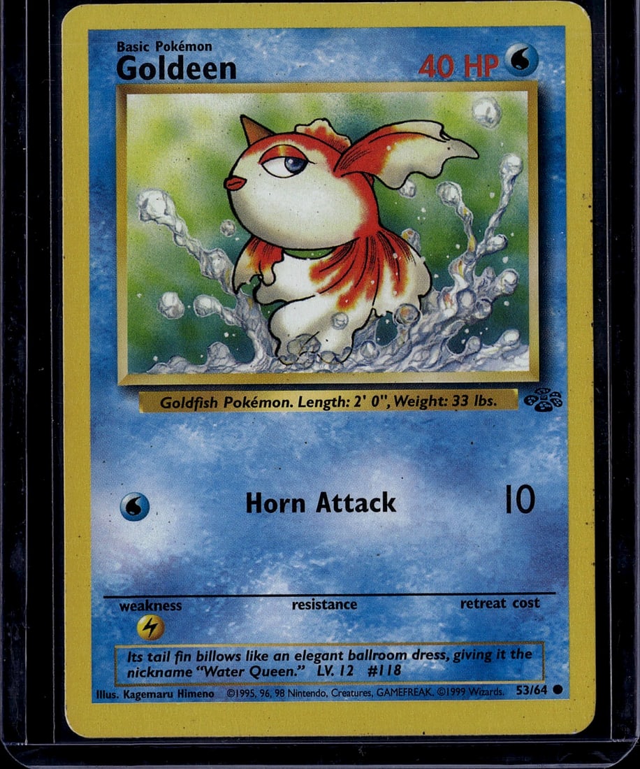 1999 Pokemon Base Set Goldeen #53/64 Basic Water: This is an original 1999 Pokemon Base Set Goldeen card (#53/64), a classic Water-type Basic Pokemon from the iconic first generation TCG release. The card features the beloved Goldfish Pokemon with