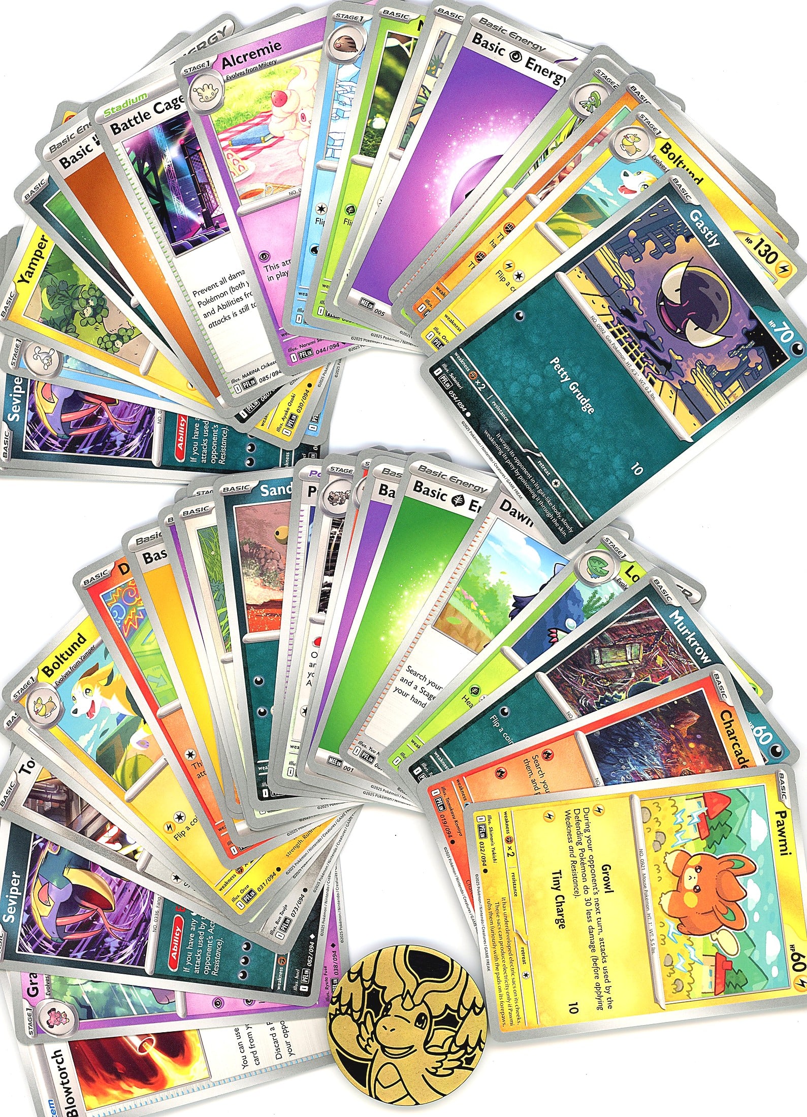 50+ Card Lot Modern Pokemon Trading Cards TCG: This lot contains 50+ modern Pokemon trading cards in mixed condition, featuring non-holographic cards from recent sets. The image shows a diverse collection of trainers, Pokemon, energy cards, and st