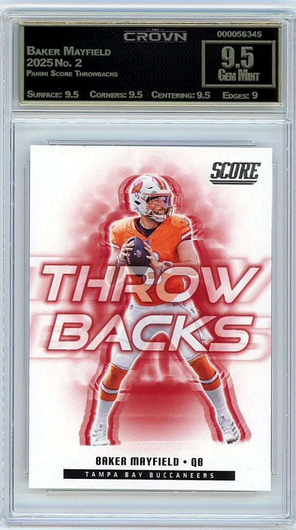 2025 Baker Mayfield Panini Score Throwbacks #2: This is a 2025 Baker Mayfield card from the Panini Score Throwbacks set, card number 2. It's a professionally graded slab that captures a key player card from a modern release designed to celebrate cl