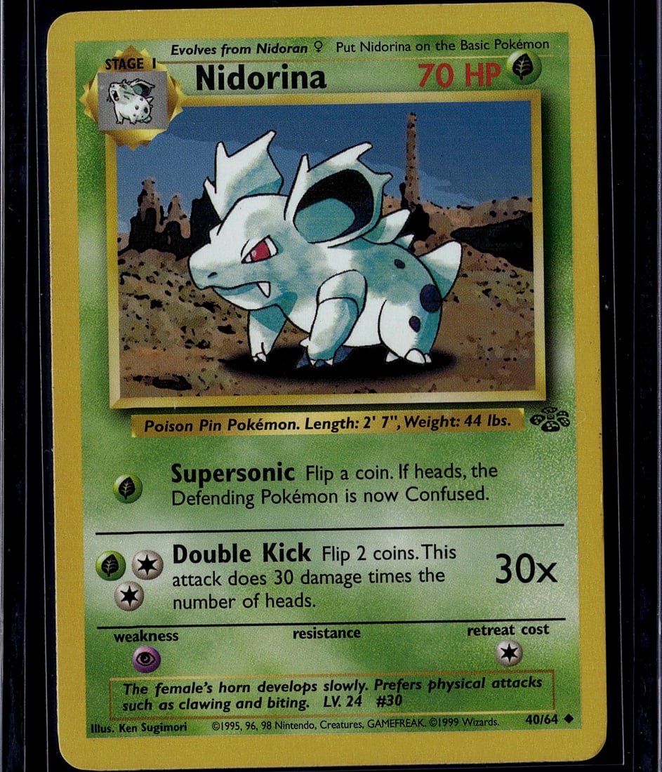 1999 Pokemon Base Set Nidorina #40/64 Stage 1: This is a 1999 Pokemon Trading Card Game Base Set Nidorina card, card #40 out of 64 from the original expansion. Nidorina is a Stage 1 Poison Pin Pokemon that evolves from Nidoran female, featuring