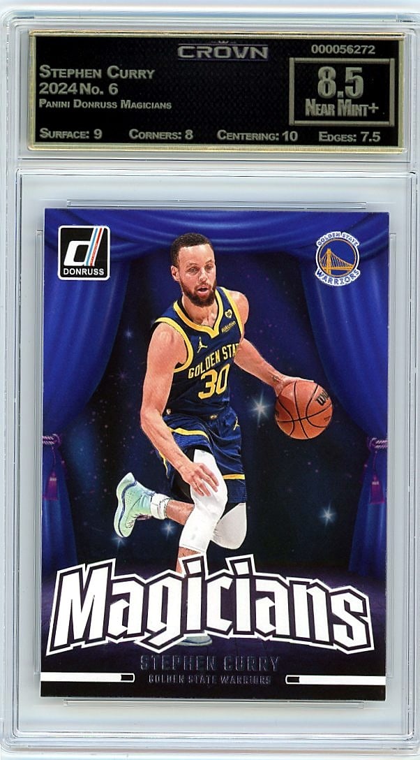 2024 Stephen Curry Panini Donruss Magicians #6: This is a 2024 Stephen Curry card from the Panini Donruss Magicians set, card number 6. It has been professionally graded and encased in a protective slab by Crown Grading with a grade of 8.5. The