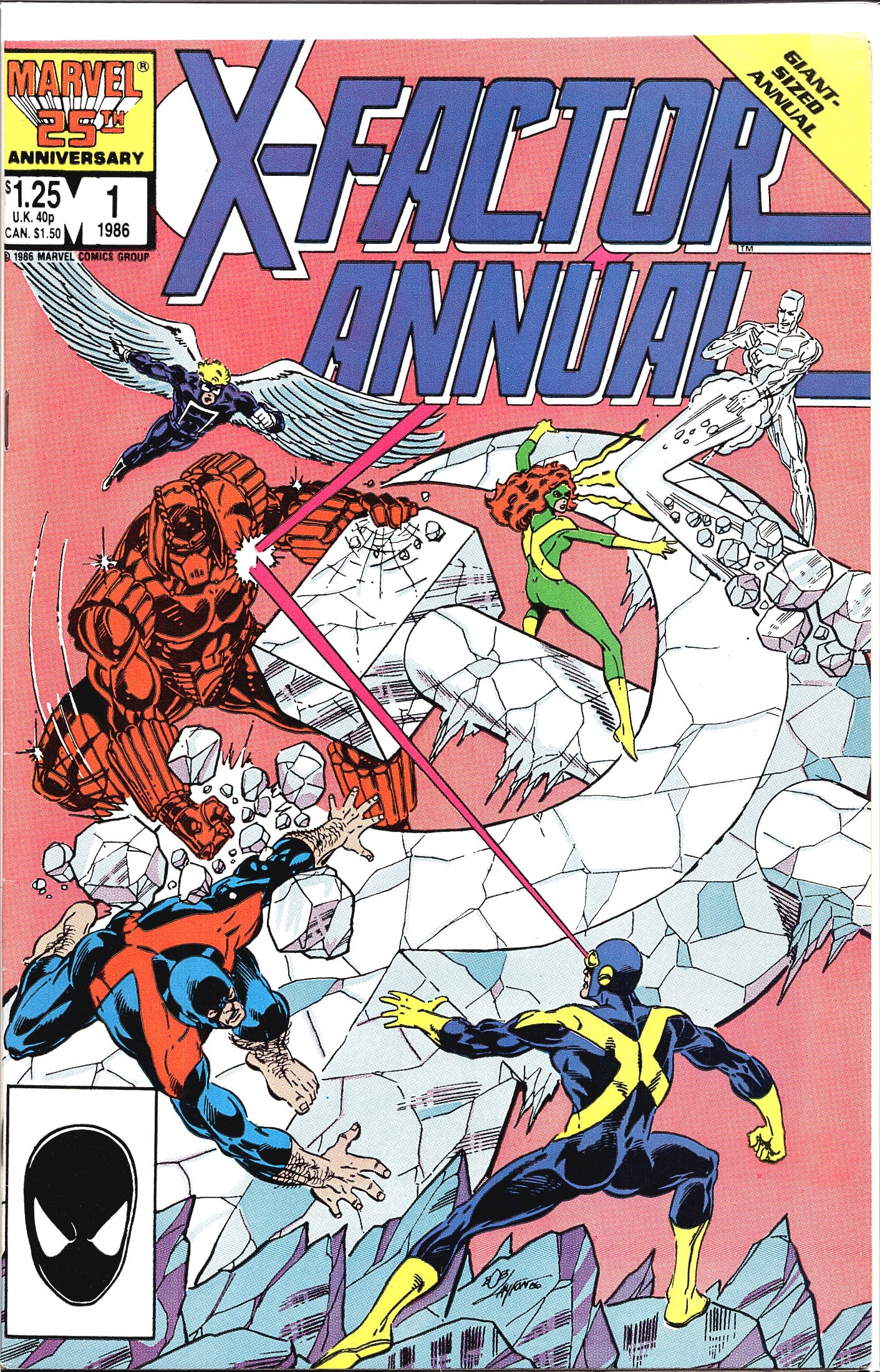 1986 Marvel X-Factor Annual #1 Giant-Sized Comic: This is X-Factor Annual #1, published by Marvel Comics in 1986 as part of Marvel's 25th Anniversary celebration. The cover features the original X-Factor lineup - Angel, Iceman, Cyclops, Marvel Girl (