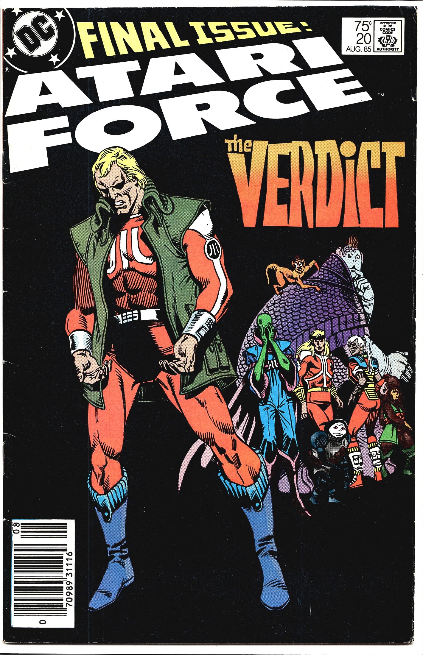 Atari Force #20 Final Issue The Verdict DC: This is Atari Force #20, the final issue of DC Comics' science fiction superhero series, published in August 1985 and cover-priced at 75 cents. The cover, labeled 'The Verdict,' features the team's