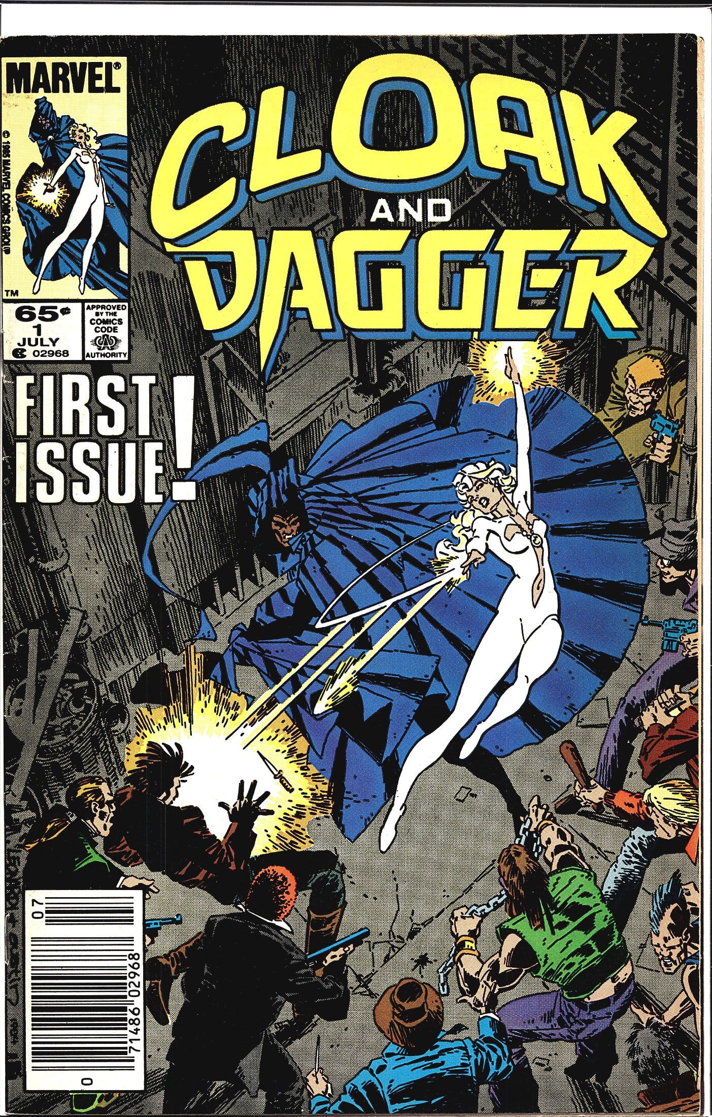 1985 Marvel Cloak and Dagger #1 First Issue: This is Marvel Comics' Cloak and Dagger #1, the first issue of the series, cover-dated July 1985 and priced at 65 cents on the cover. The cover features the iconic duo - Cloak, shrouded in his dark bl
