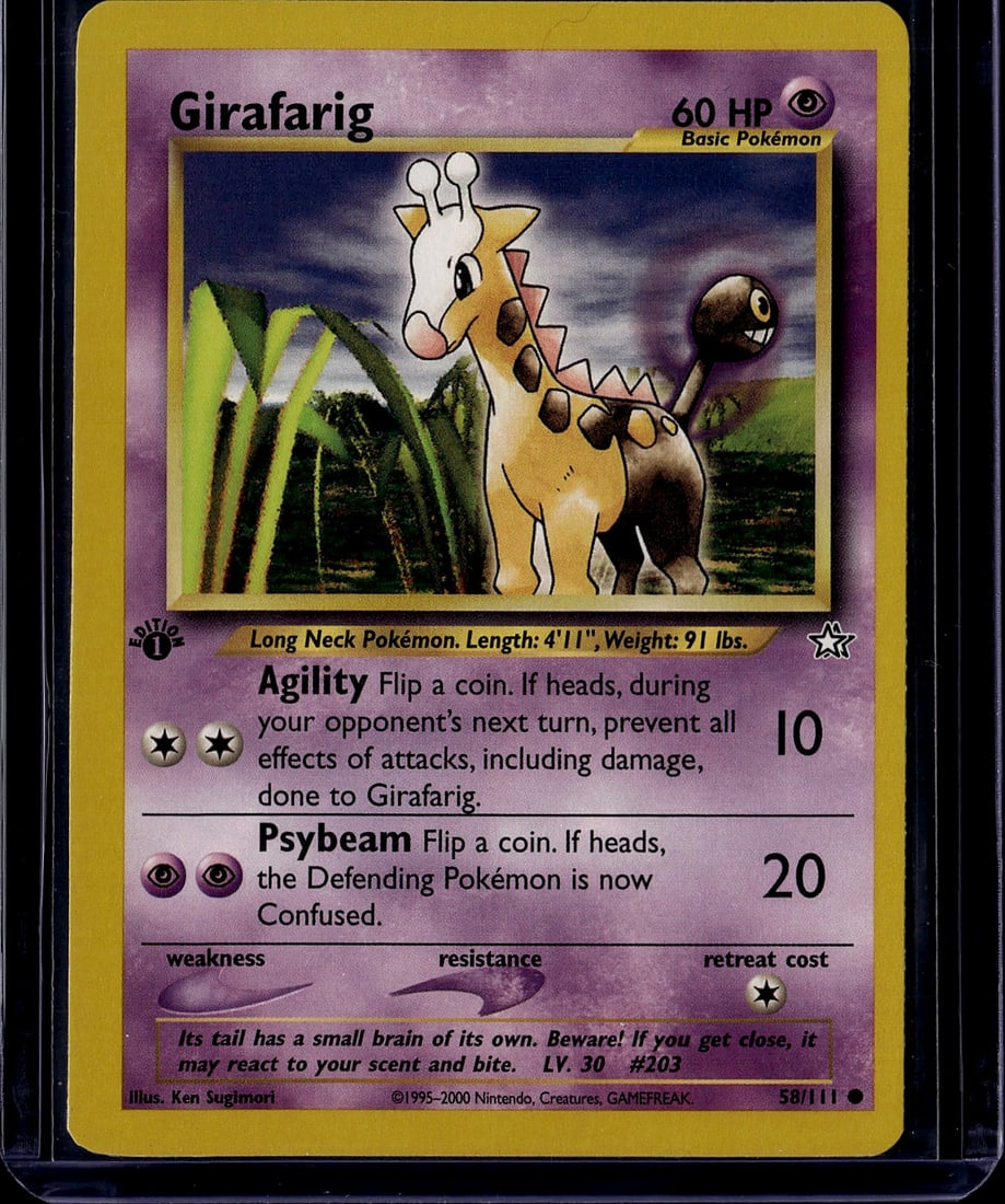 2000 Neo Genesis Girafarig 58/111 Pokemon Card: This is a vintage Girafarig Pokemon card from the Neo Genesis set, released in 2000. Card number 58/111, this Basic Psychic-type Pokemon features the iconic long-necked creature with its distinctive
