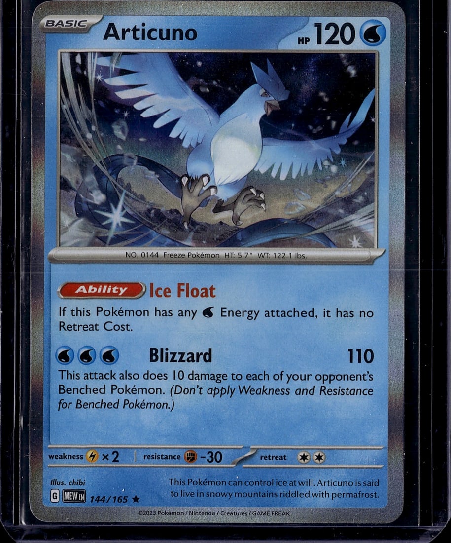 Articuno 144/165 Scarlet & Violet Pokemon Card: This is a raw Articuno Pokemon trading card from the Scarlet & Violet set, card number 144/165. Articuno is a Basic Water-type Freeze Pokemon with 120 HP, featuring the Ice Float ability that reduces