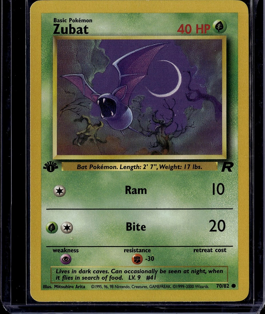 Zubat 70/82 Base Set Pokemon Card 1999 Excellent: This is an authentic Zubat Pokemon Trading Card from the iconic Base Set, released in 1999-2000 by The Pokemon Company and Wizards of the Coast. Card #70/82 features the classic bat Pokemon artwork il