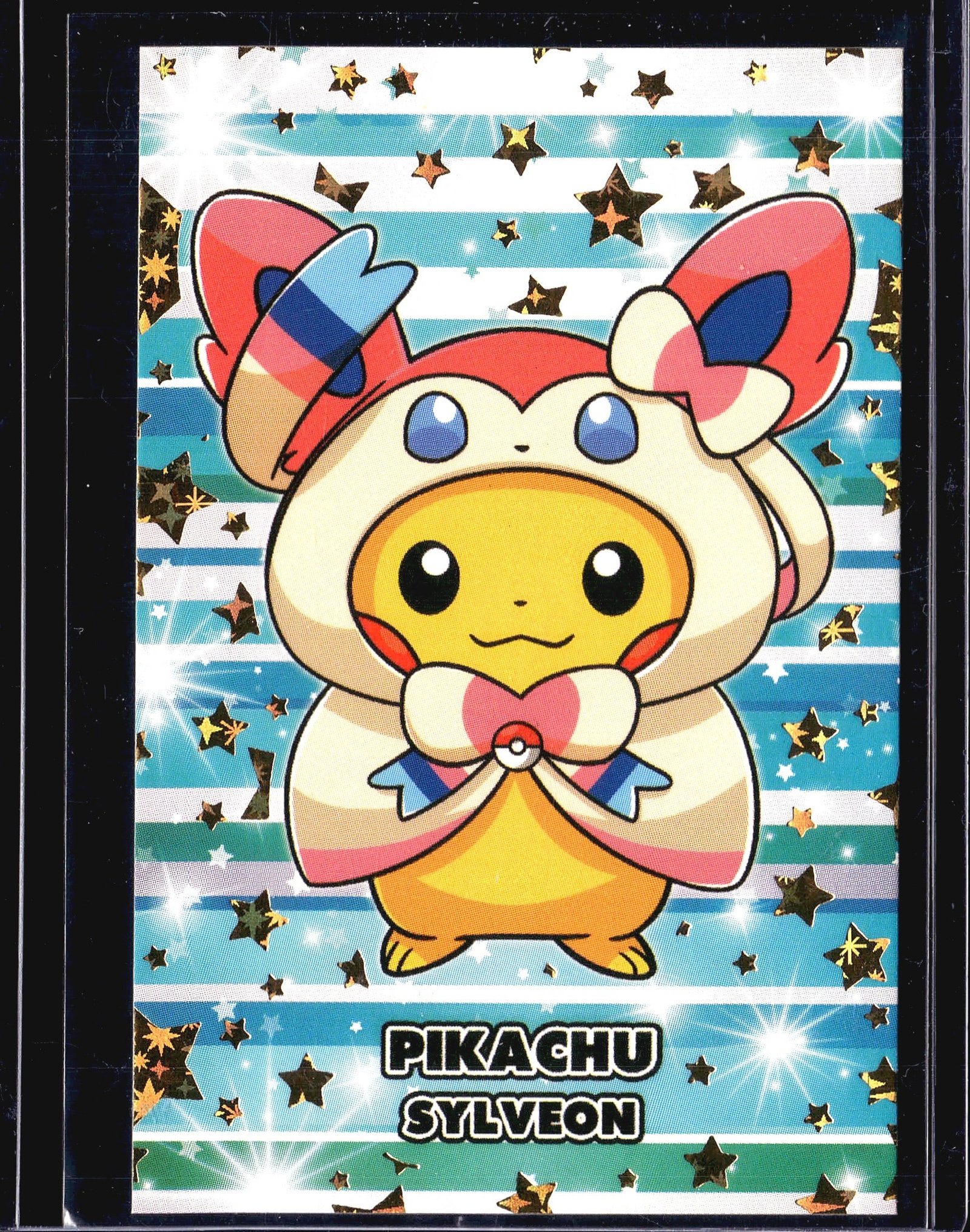 Pokemon Pikachu Sylveon Single Trading Card: This is a Pokemon trading card featuring artwork of Pikachu dressed in Sylveon-themed costume attire. The card displays vibrant colors with a blue and white striped background accented by gold foil st